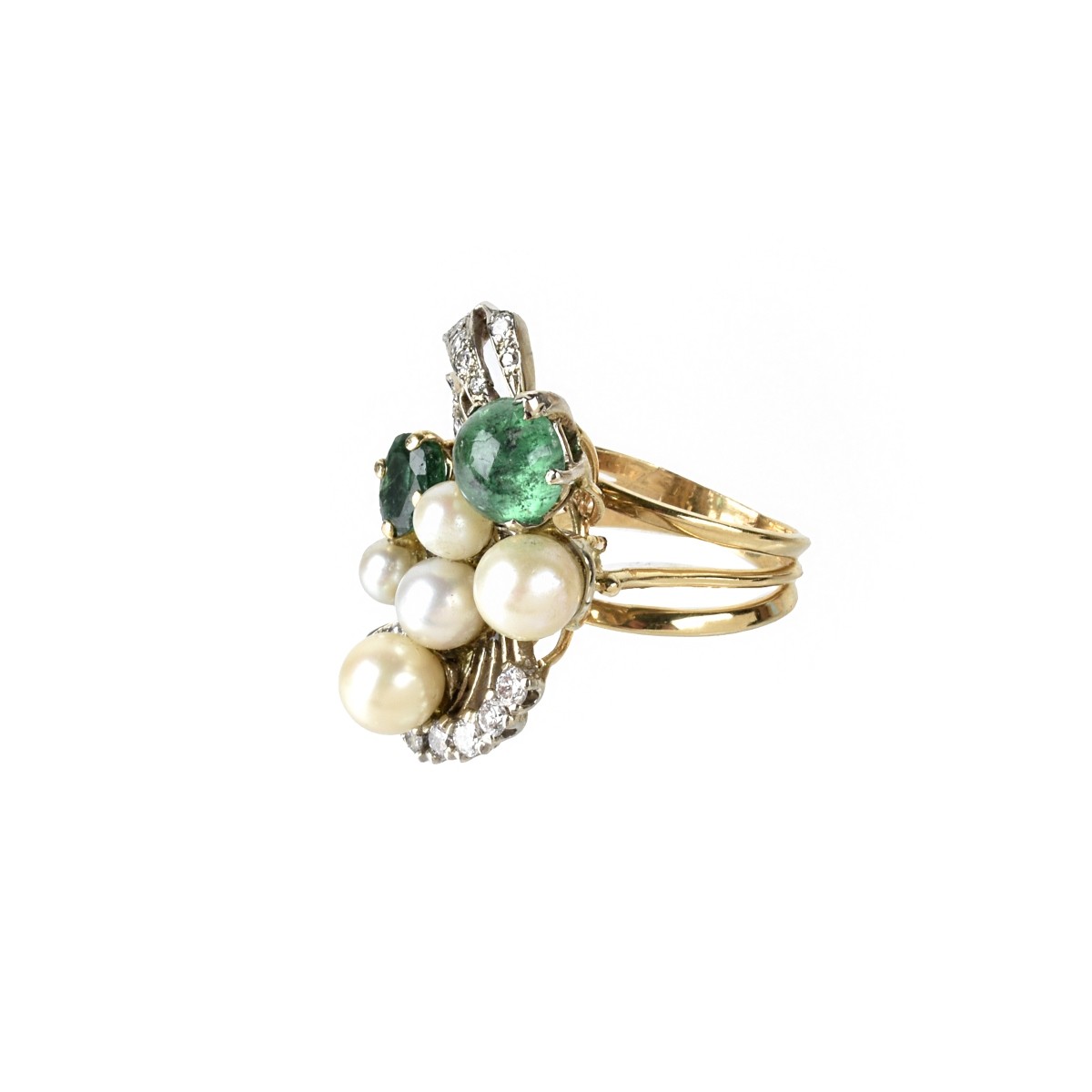 Emerald, Diamond, Pearl and 14K Ring