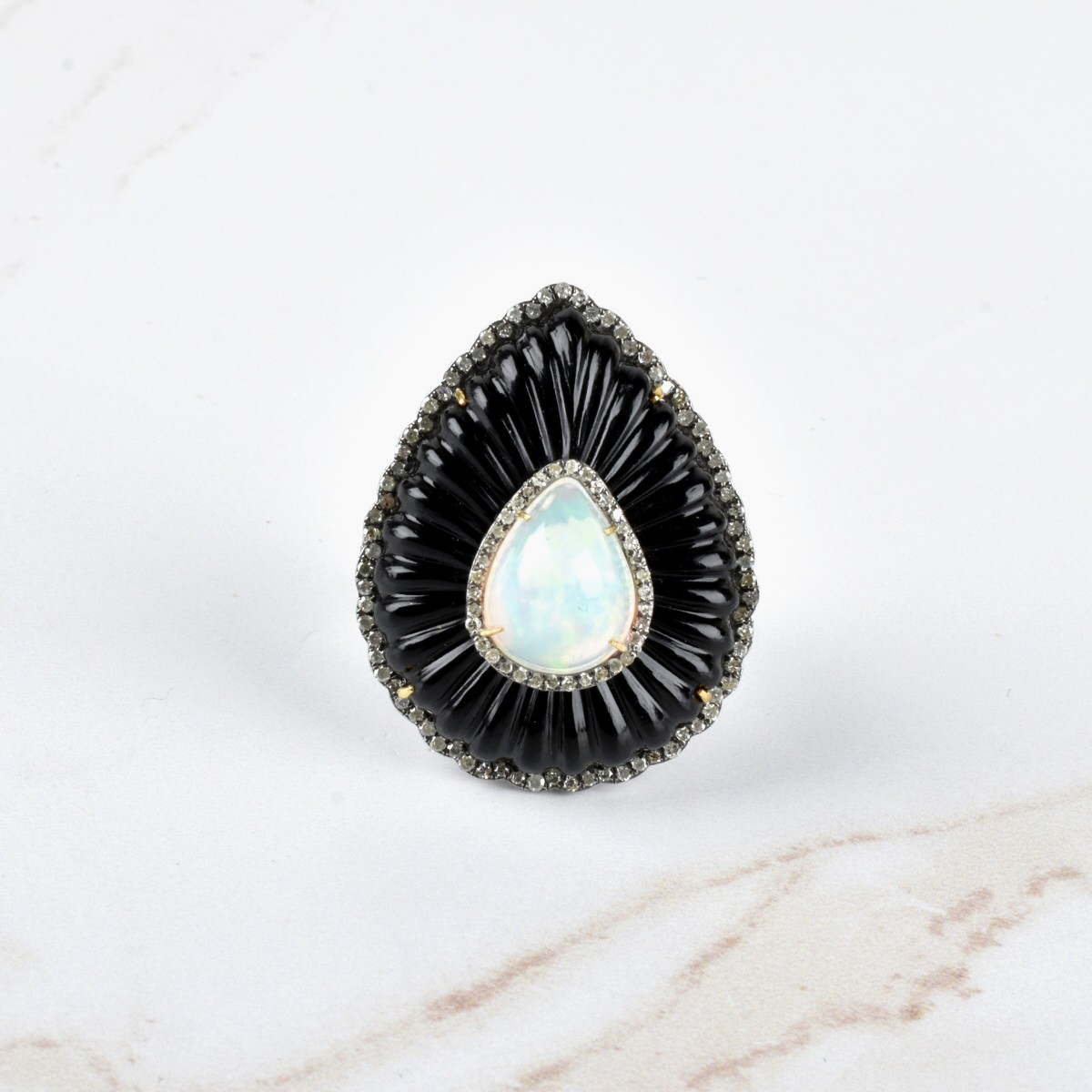 Opal, Diamond and Onyx Ring