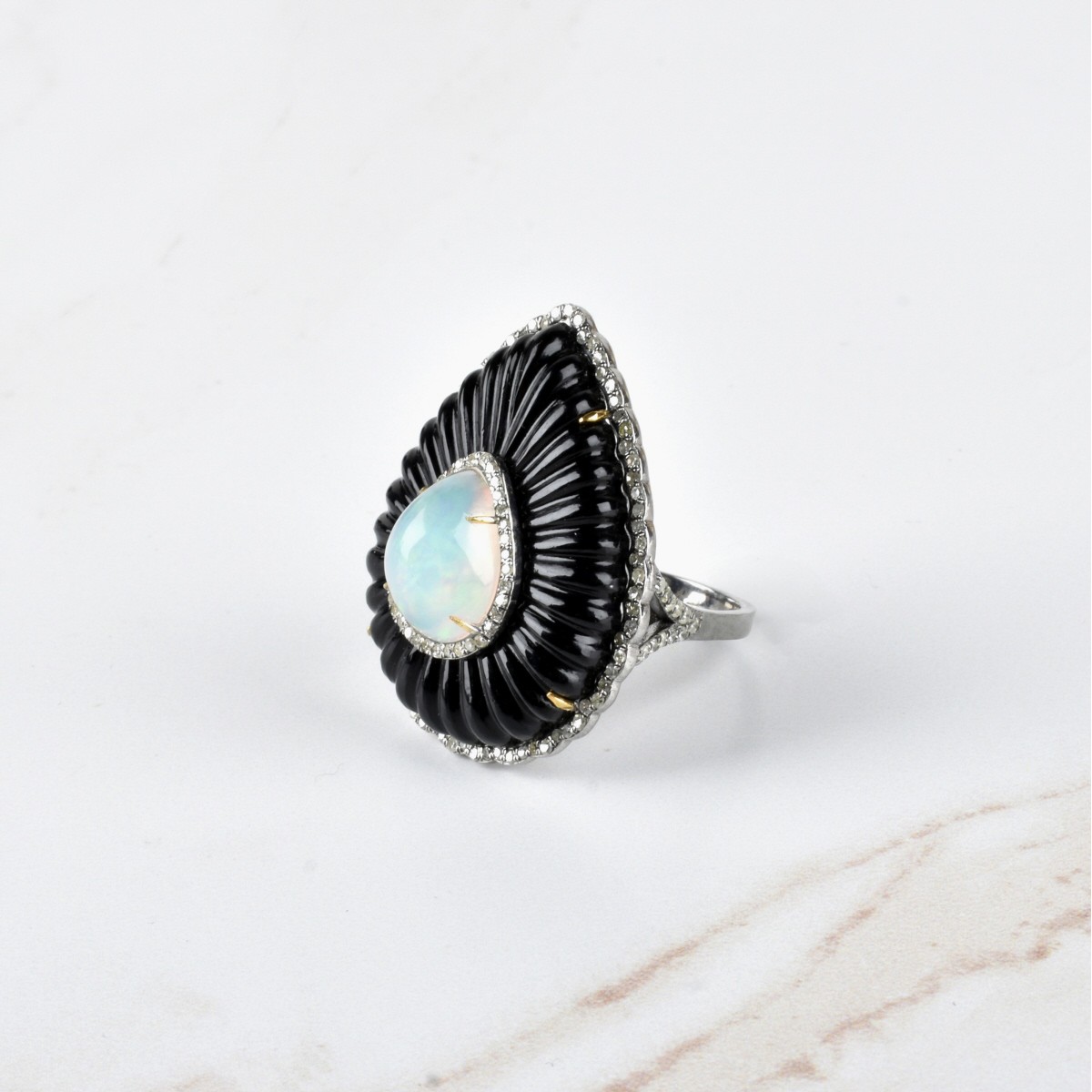 Opal, Diamond and Onyx Ring