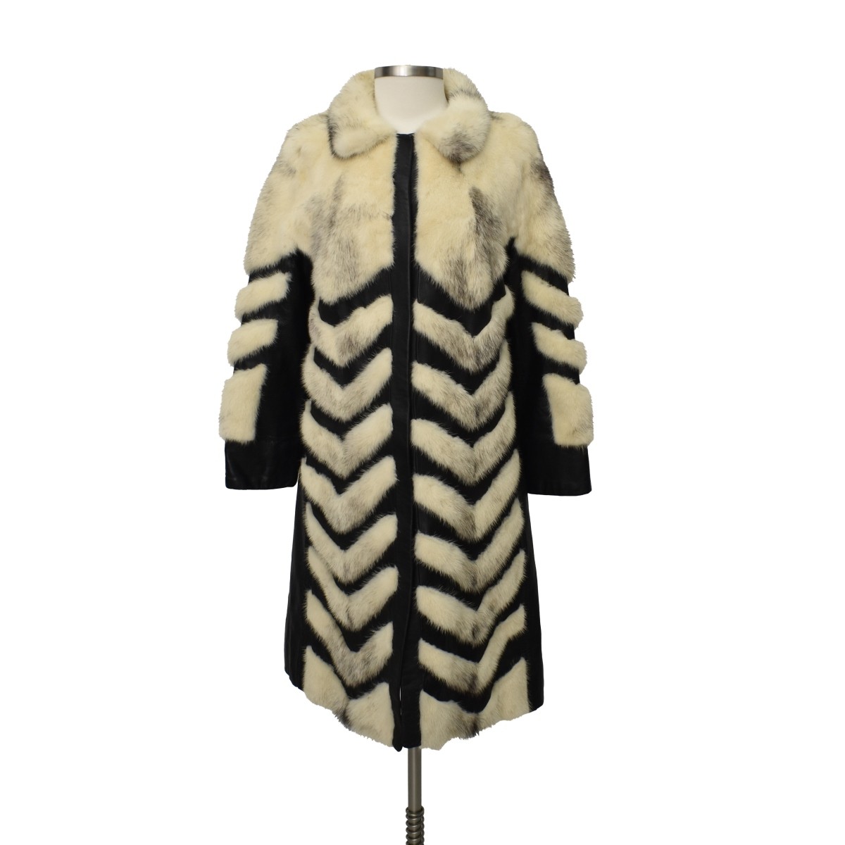 Black Leather & White Mink Chevron Coat