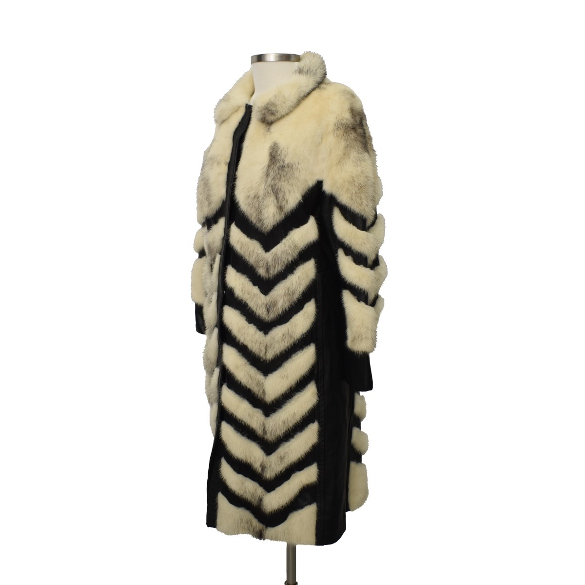 Black Leather & White Mink Chevron Coat