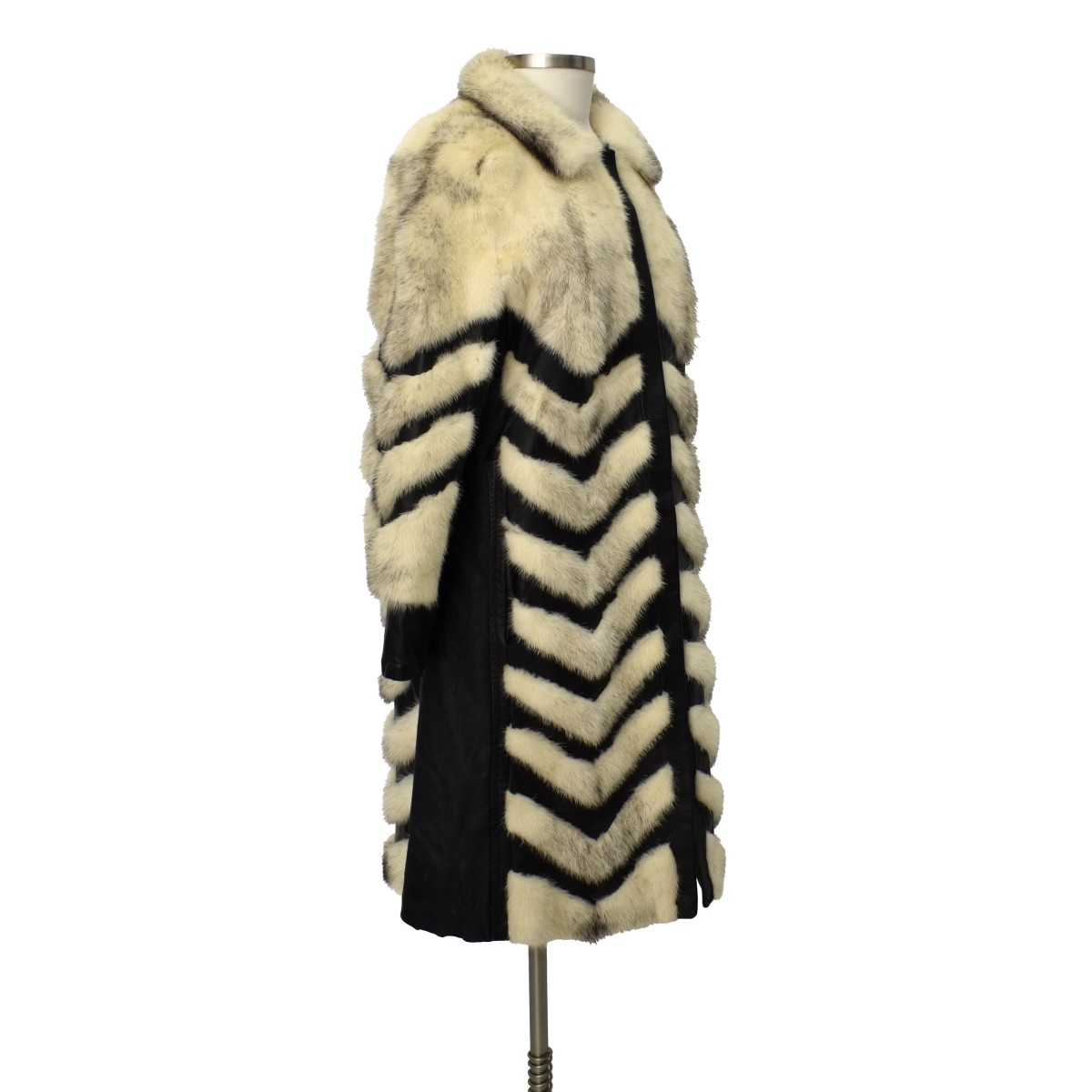 Black Leather & White Mink Chevron Coat