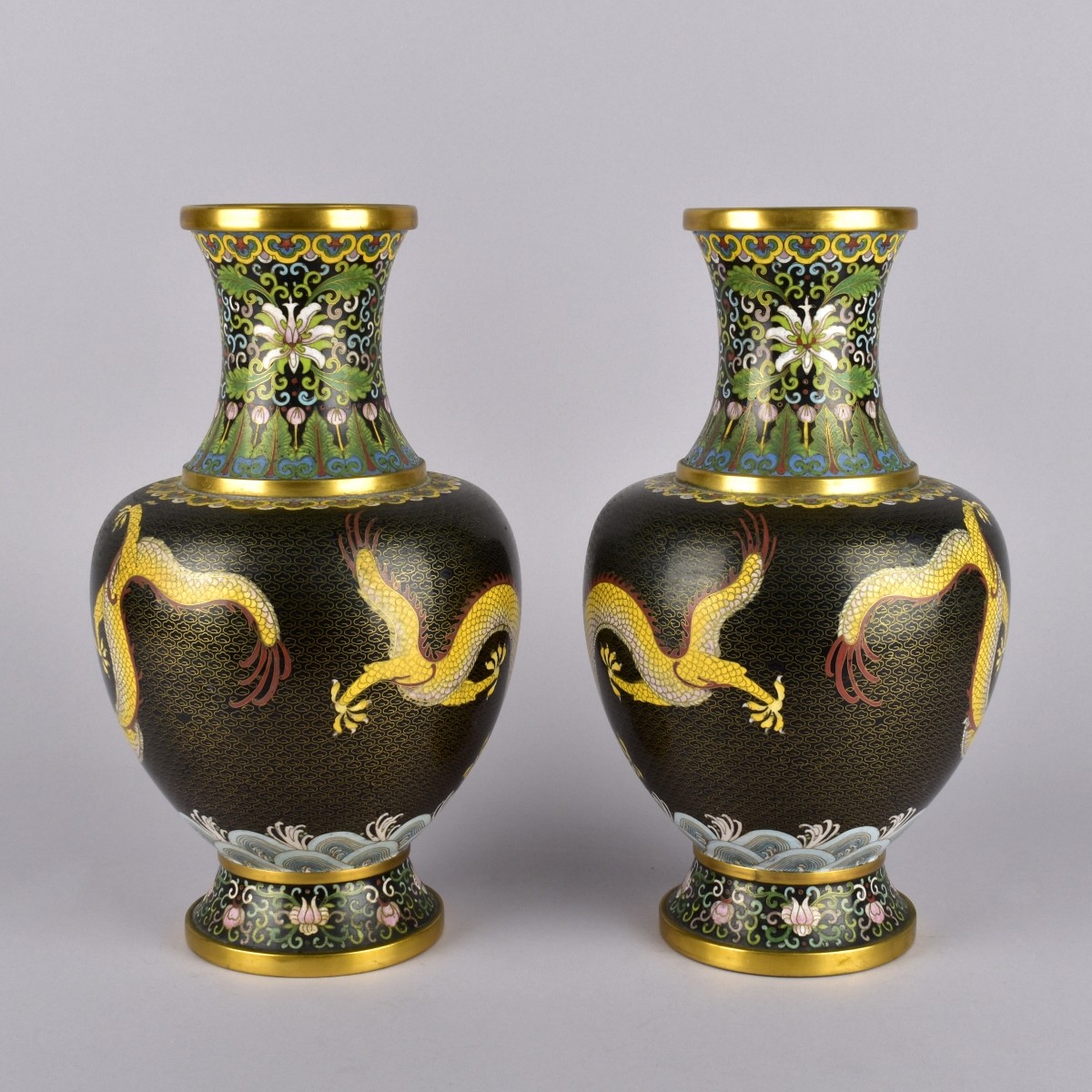 Pair Chinese Cloissone Dragon Vases