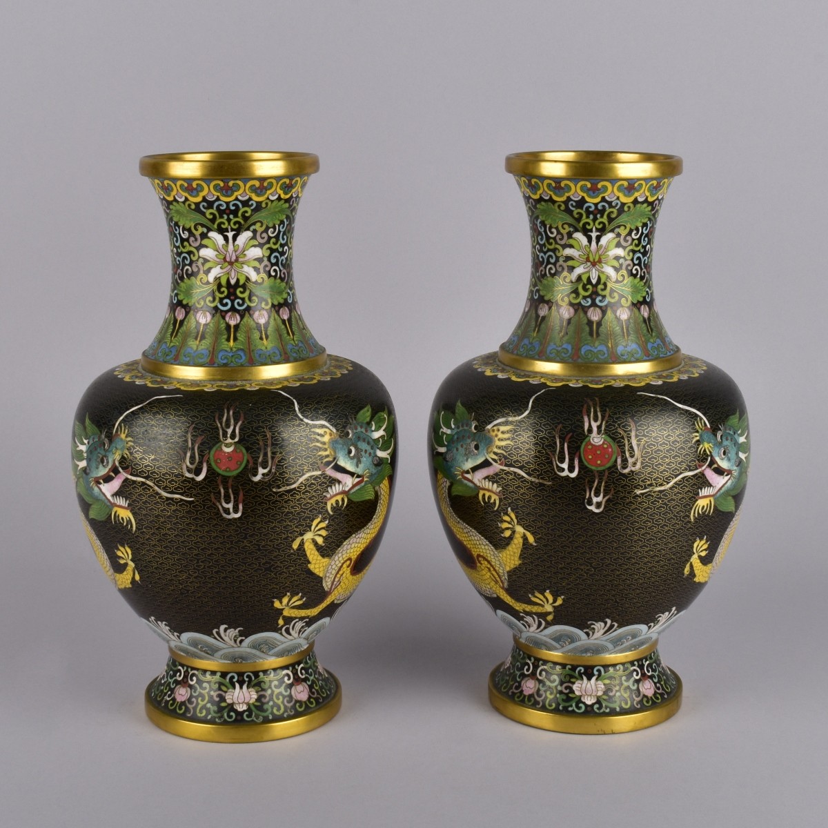 Pair Chinese Cloissone Dragon Vases