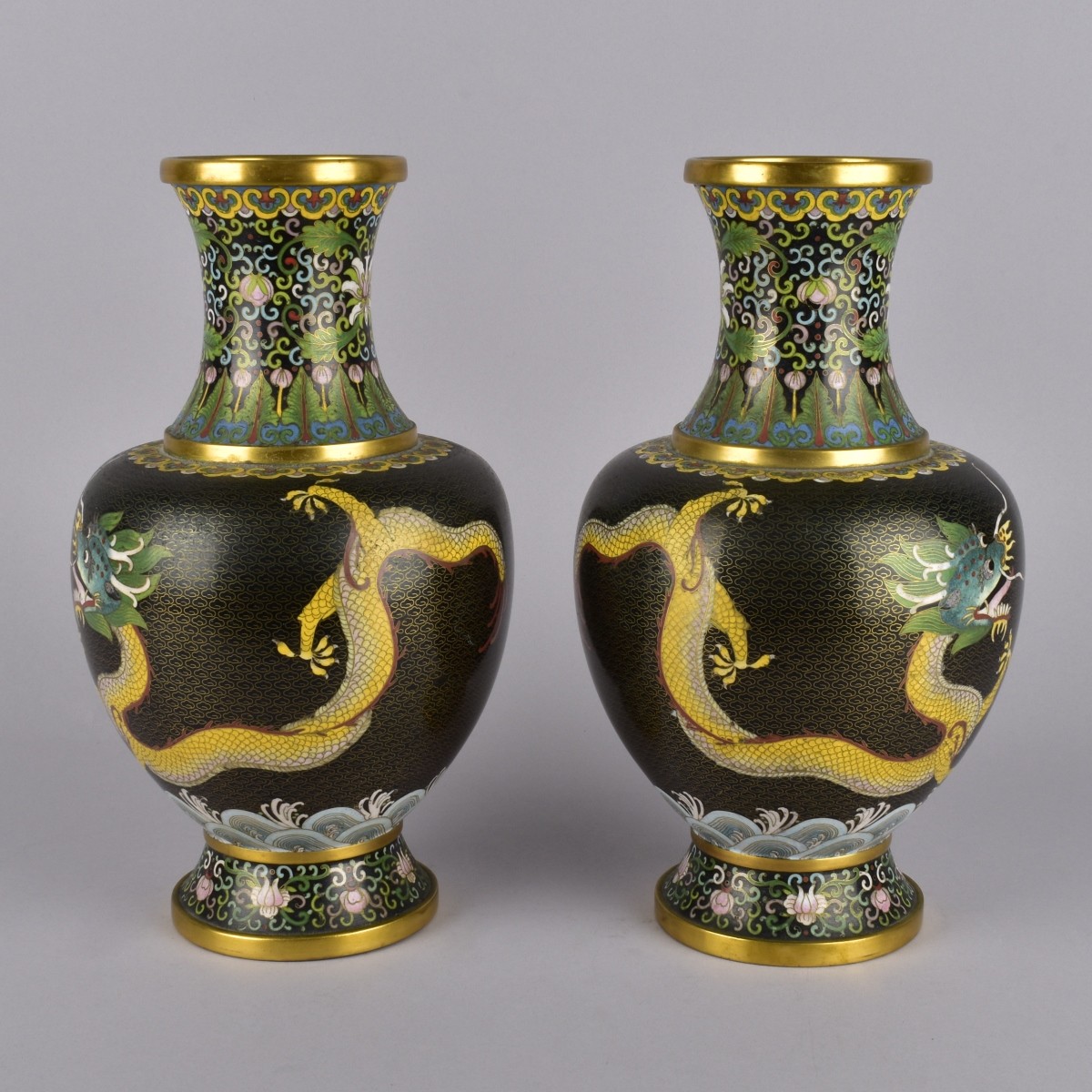 Pair Chinese Cloissone Dragon Vases