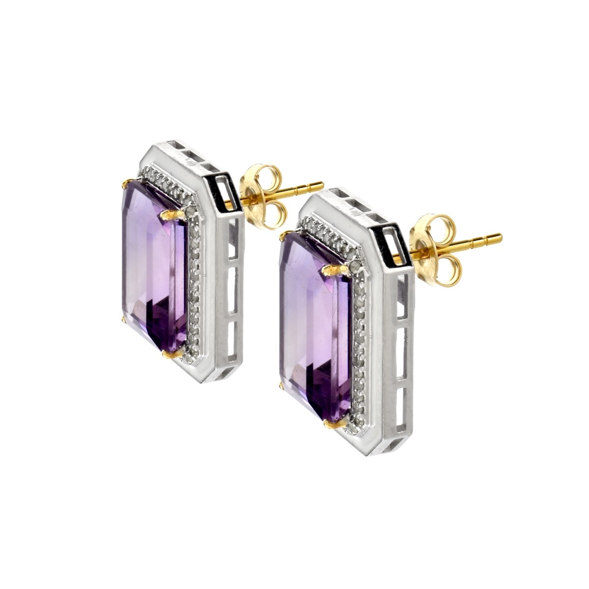 Amethyst, Diamond, Enamel and Silver Ear Studs