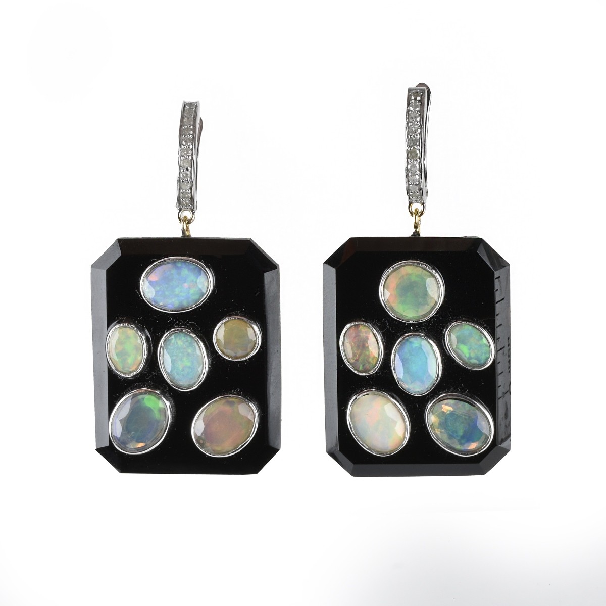 Opal, Diamond, Onyx and Silver Earrings