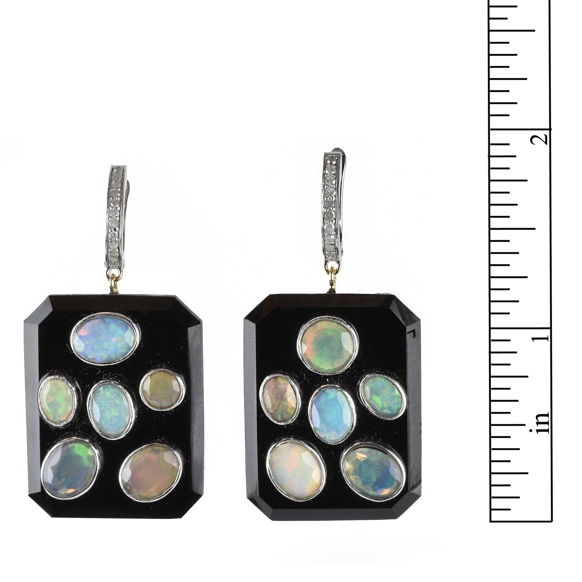 Opal, Diamond, Onyx and Silver Earrings