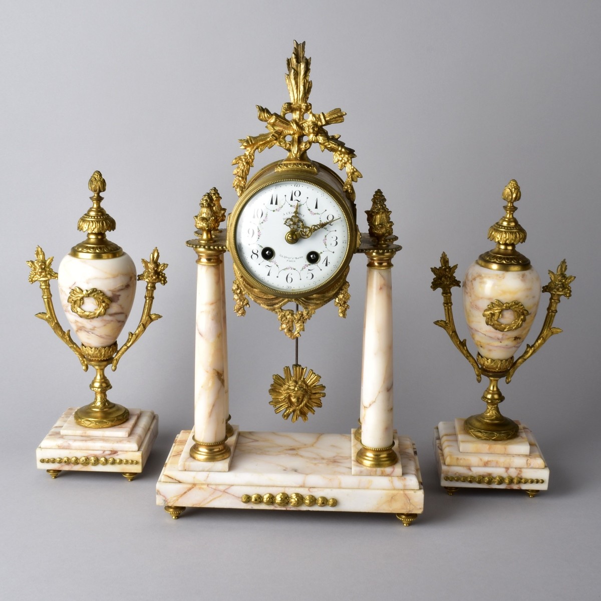 French White Marble Bronze Garniture Clock Set