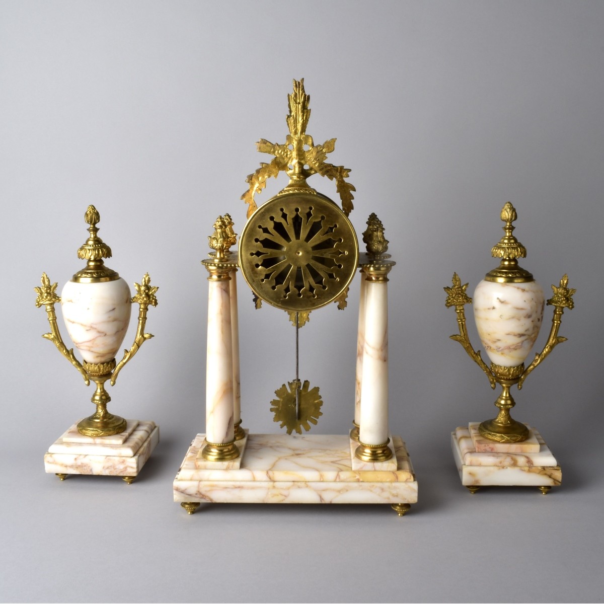 French White Marble Bronze Garniture Clock Set