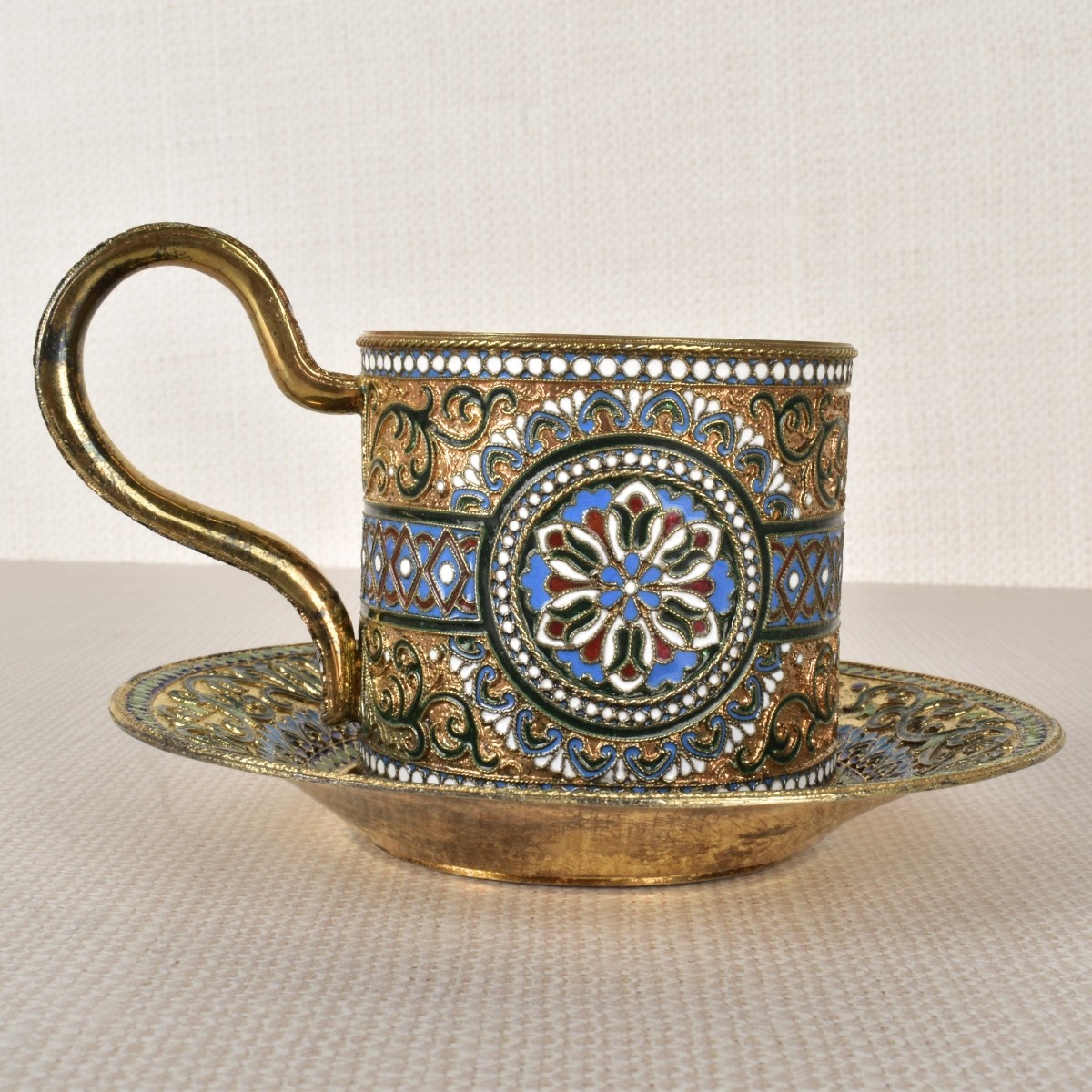 Russian Champleve Tea Cup and Saucer