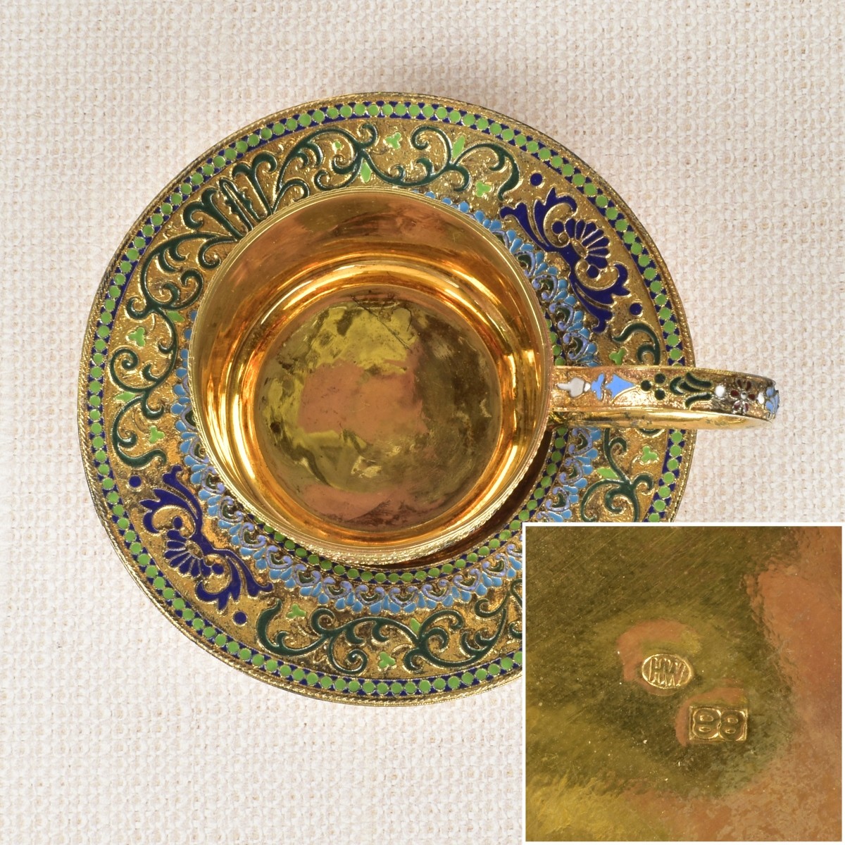 Russian Champleve Tea Cup and Saucer