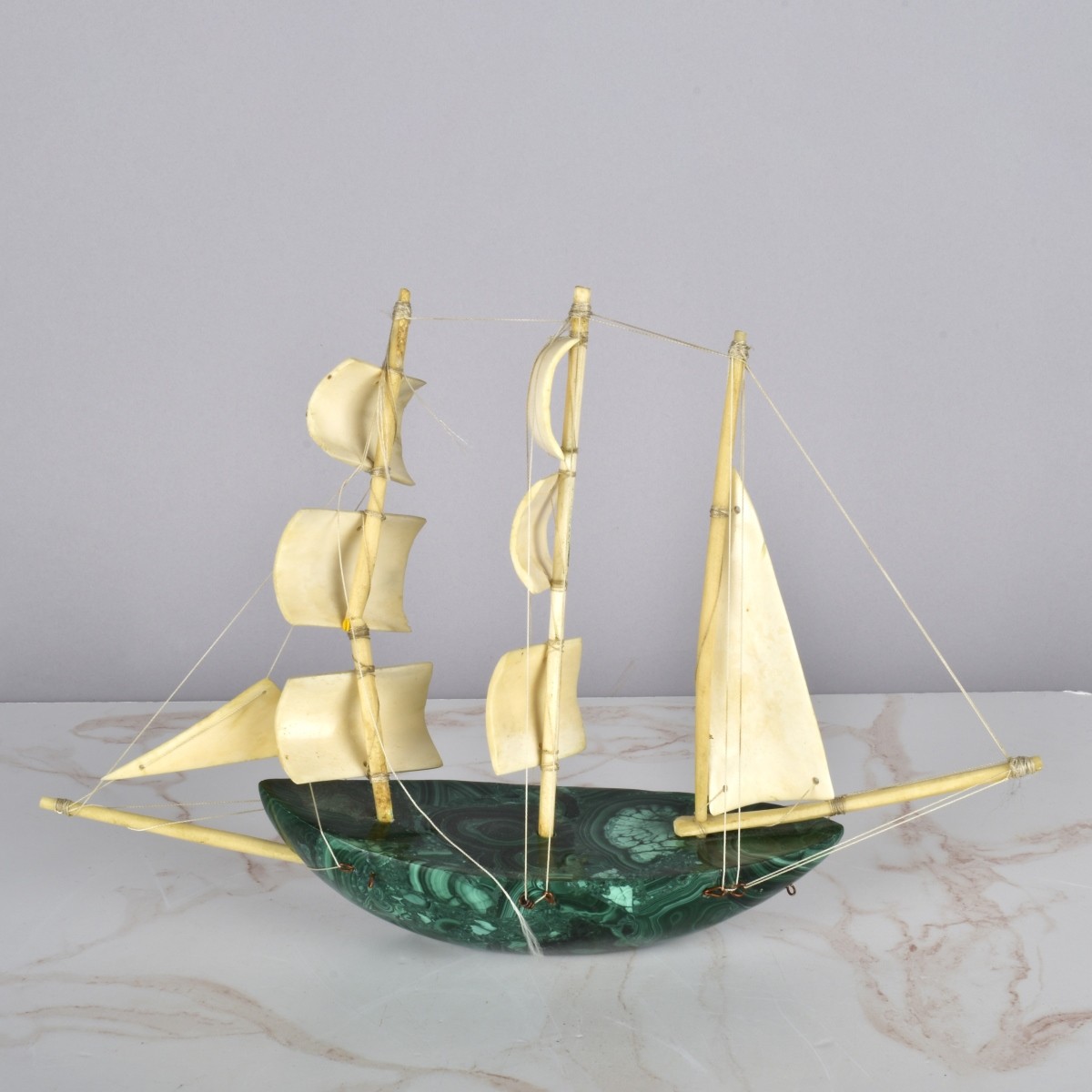 Vintage Malachite and Bone Boat Sculpture