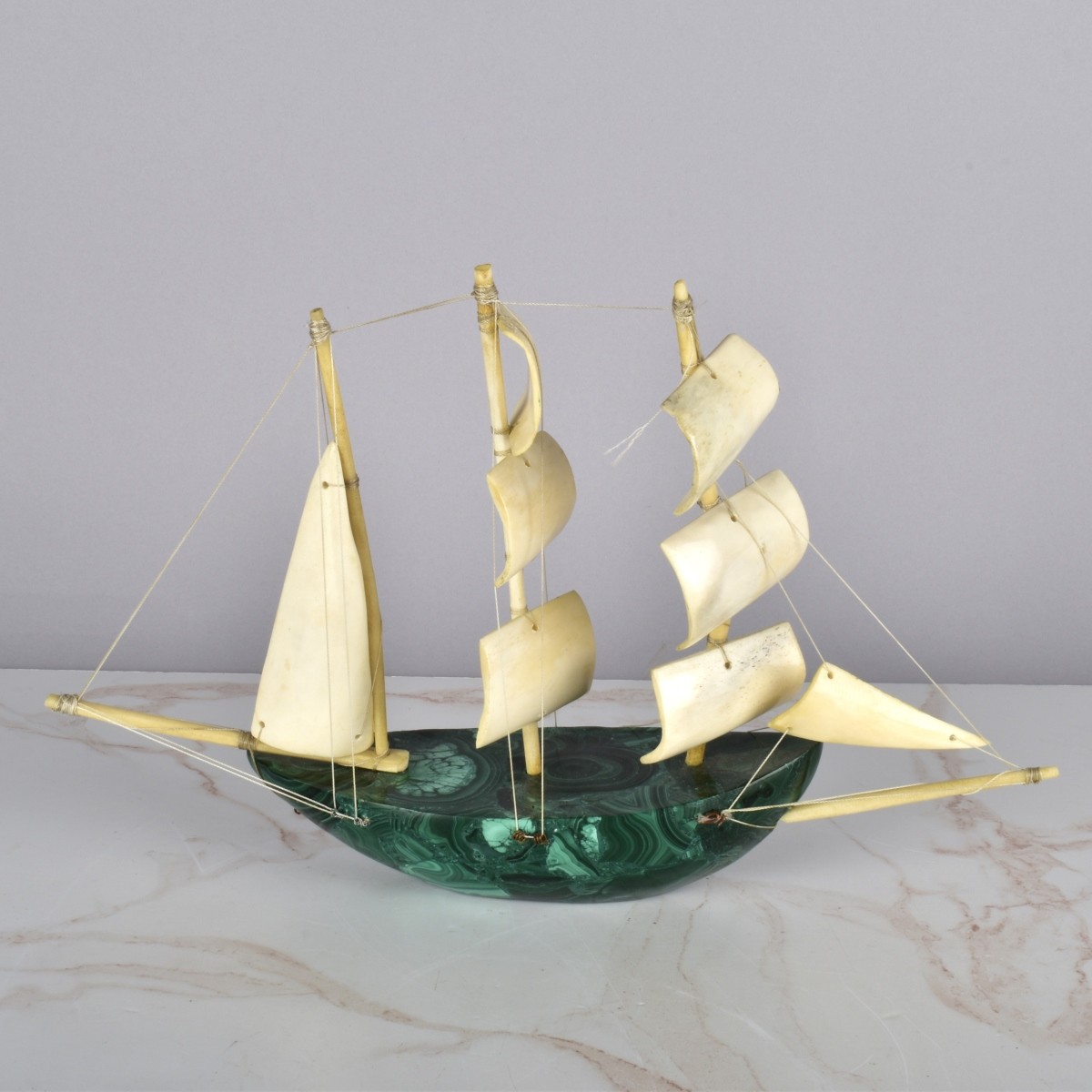 Vintage Malachite and Bone Boat Sculpture