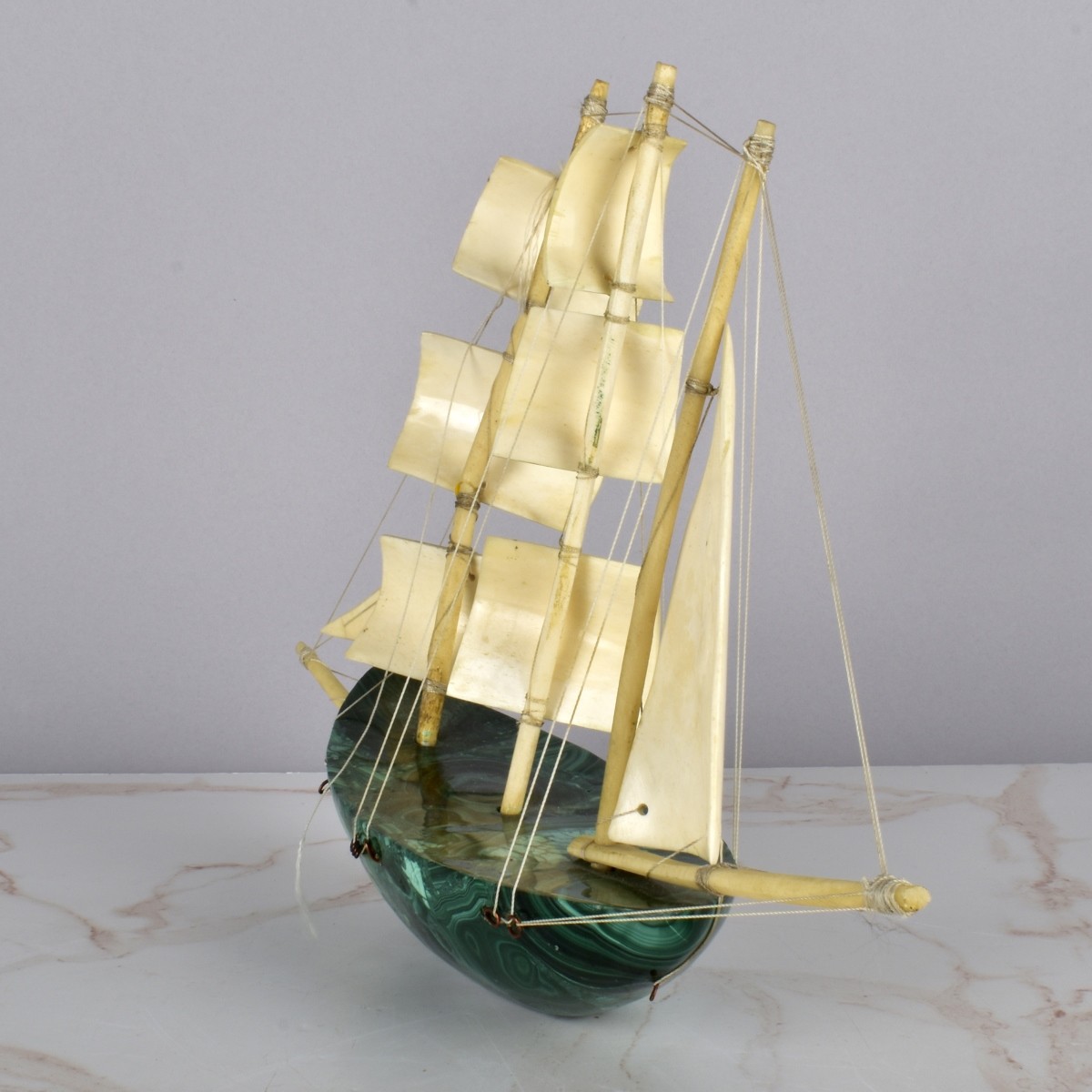 Vintage Malachite and Bone Boat Sculpture