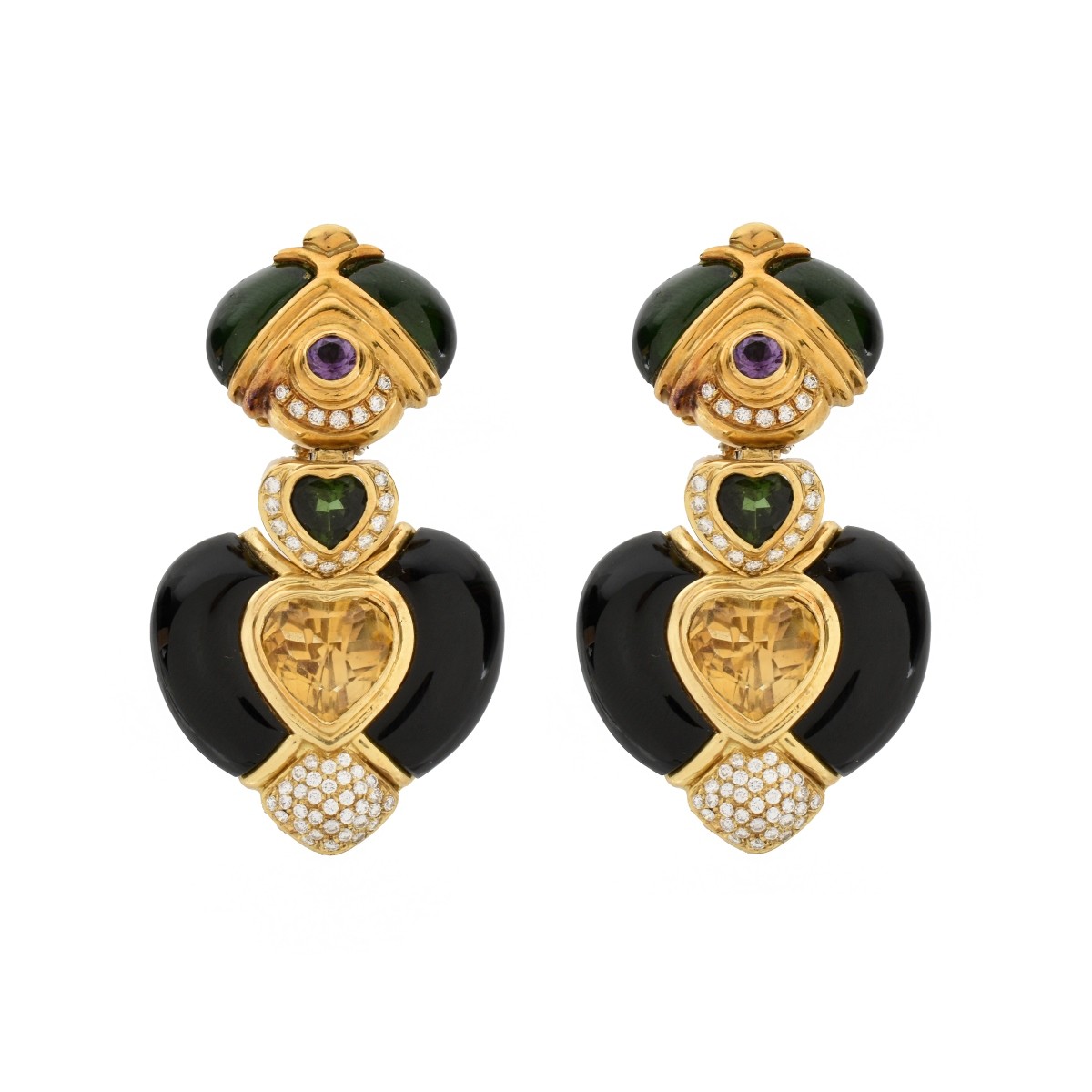 Gemstone, Diamond, Onyx and 18K Earrings
