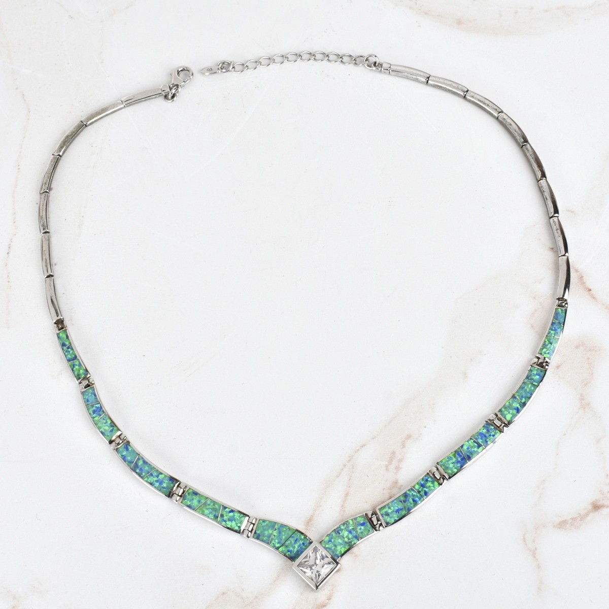 Black Opal, CZ and Silver Necklace