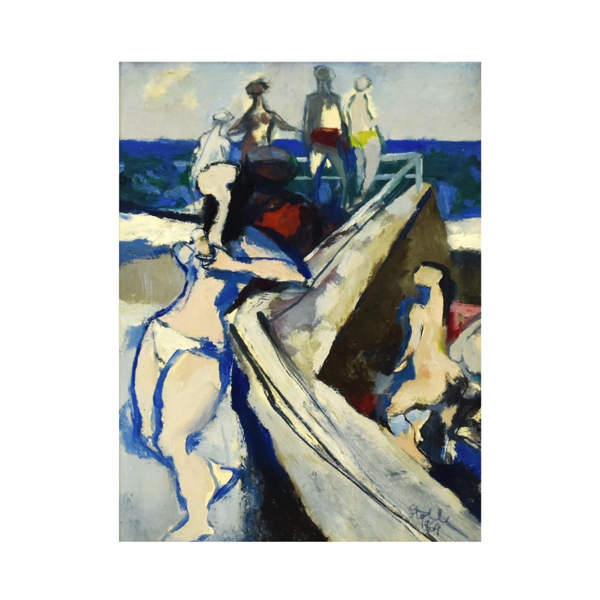 Circa 1960s Oil on Panel Figurative Beach Scene