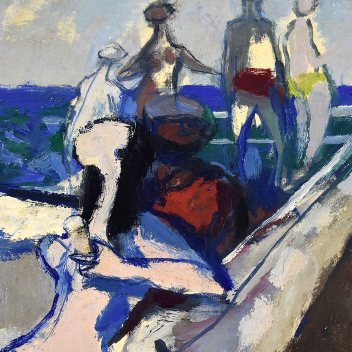 Circa 1960s Oil on Panel Figurative Beach Scene