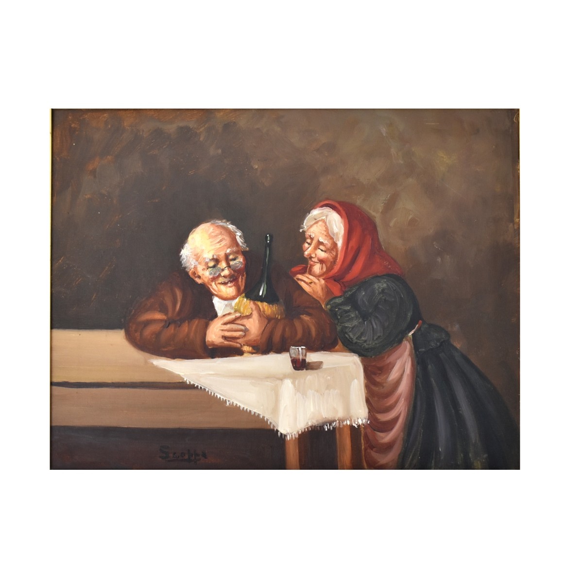 Vintage Oil on Canvas Italian Couple at Table