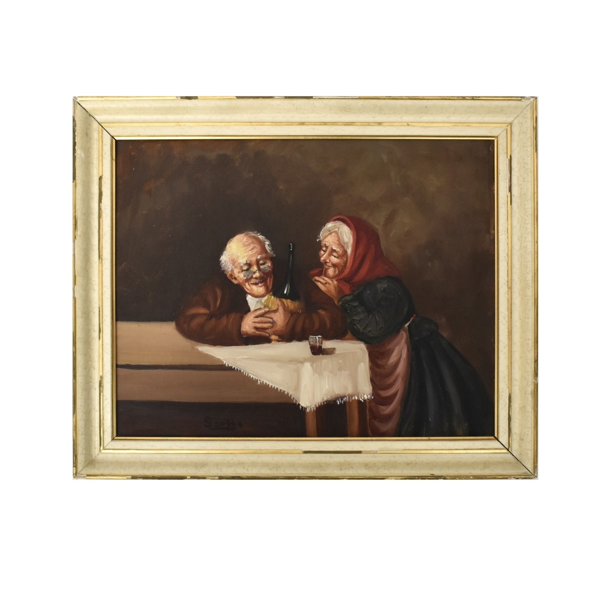 Vintage Oil on Canvas Italian Couple at Table