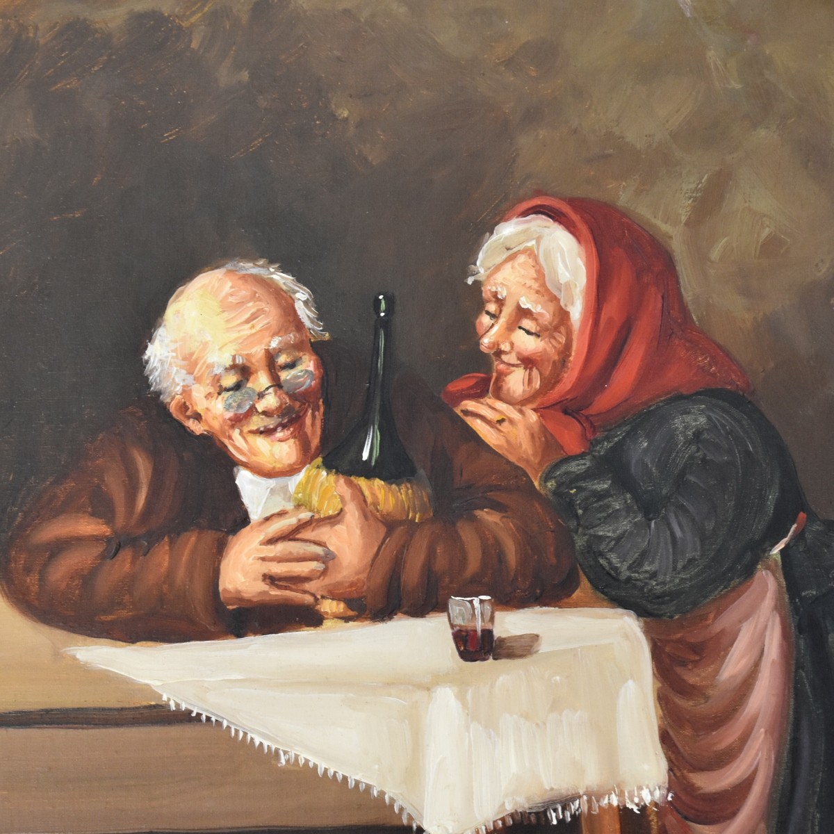 Vintage Oil on Canvas Italian Couple at Table