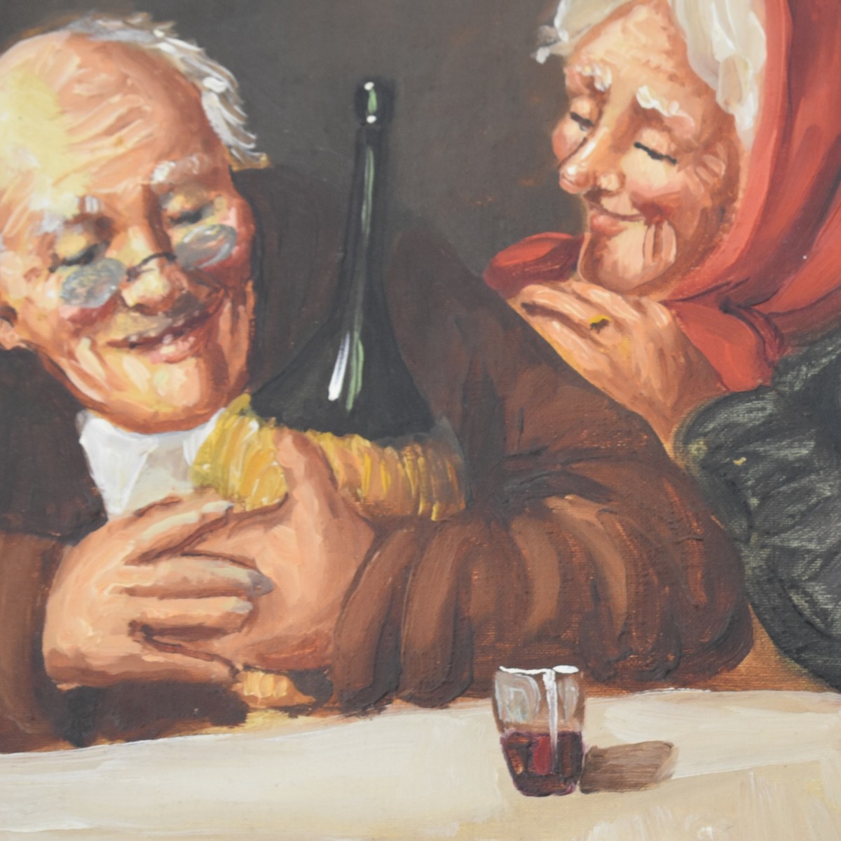 Vintage Oil on Canvas Italian Couple at Table