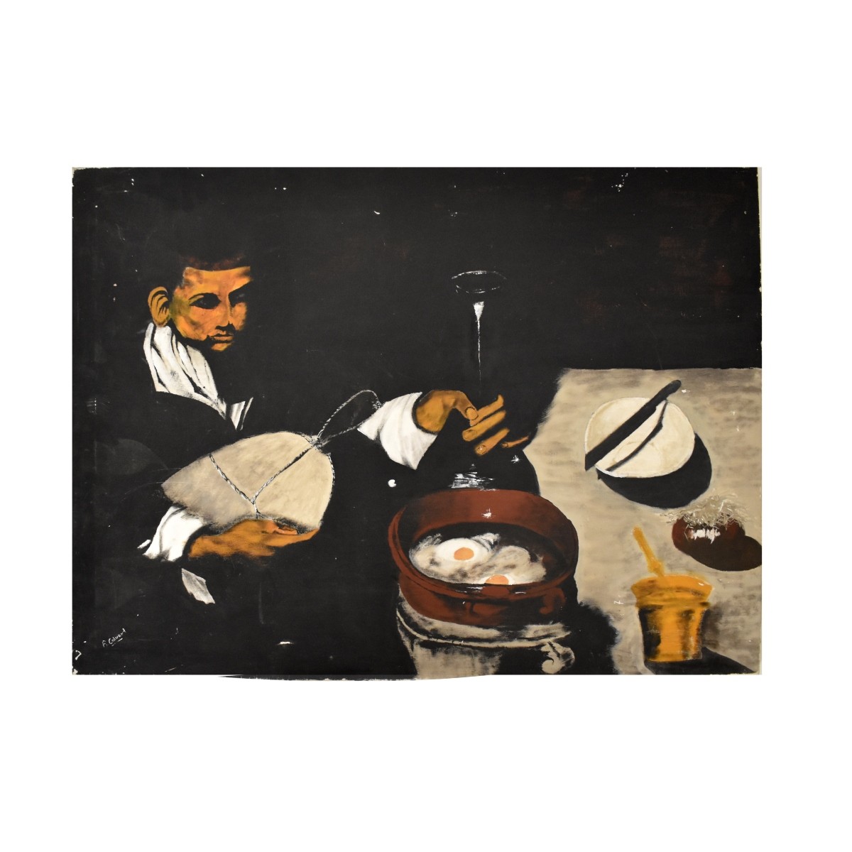 Oil on Canvas of a Man Cooking Eggs