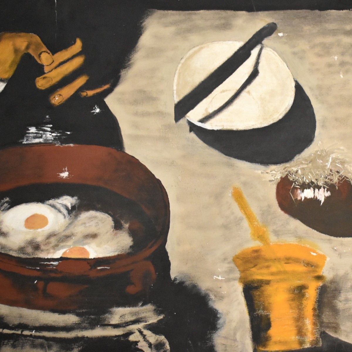 Oil on Canvas of a Man Cooking Eggs