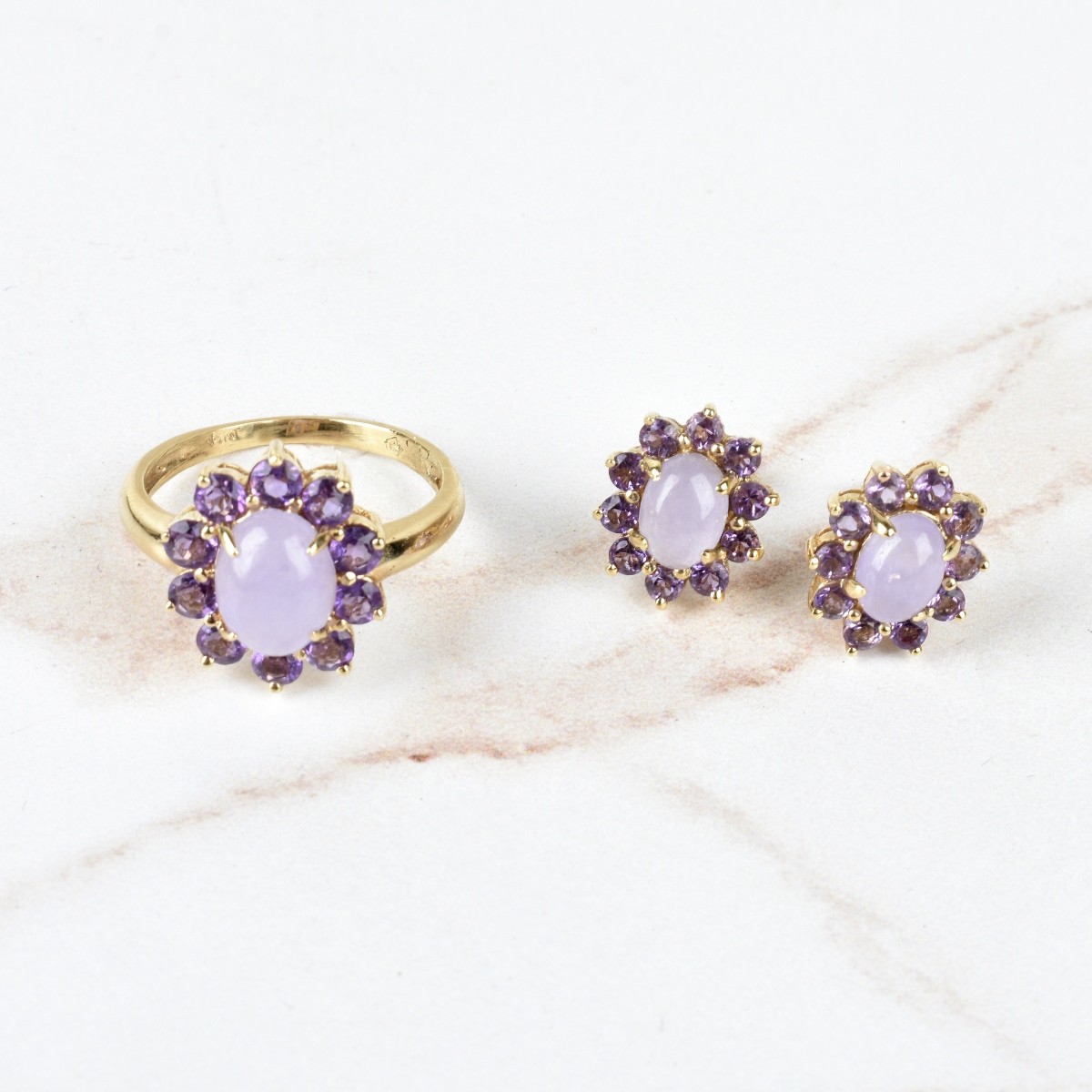 Jade, Amethyst and 14K Ring / Ear Studs