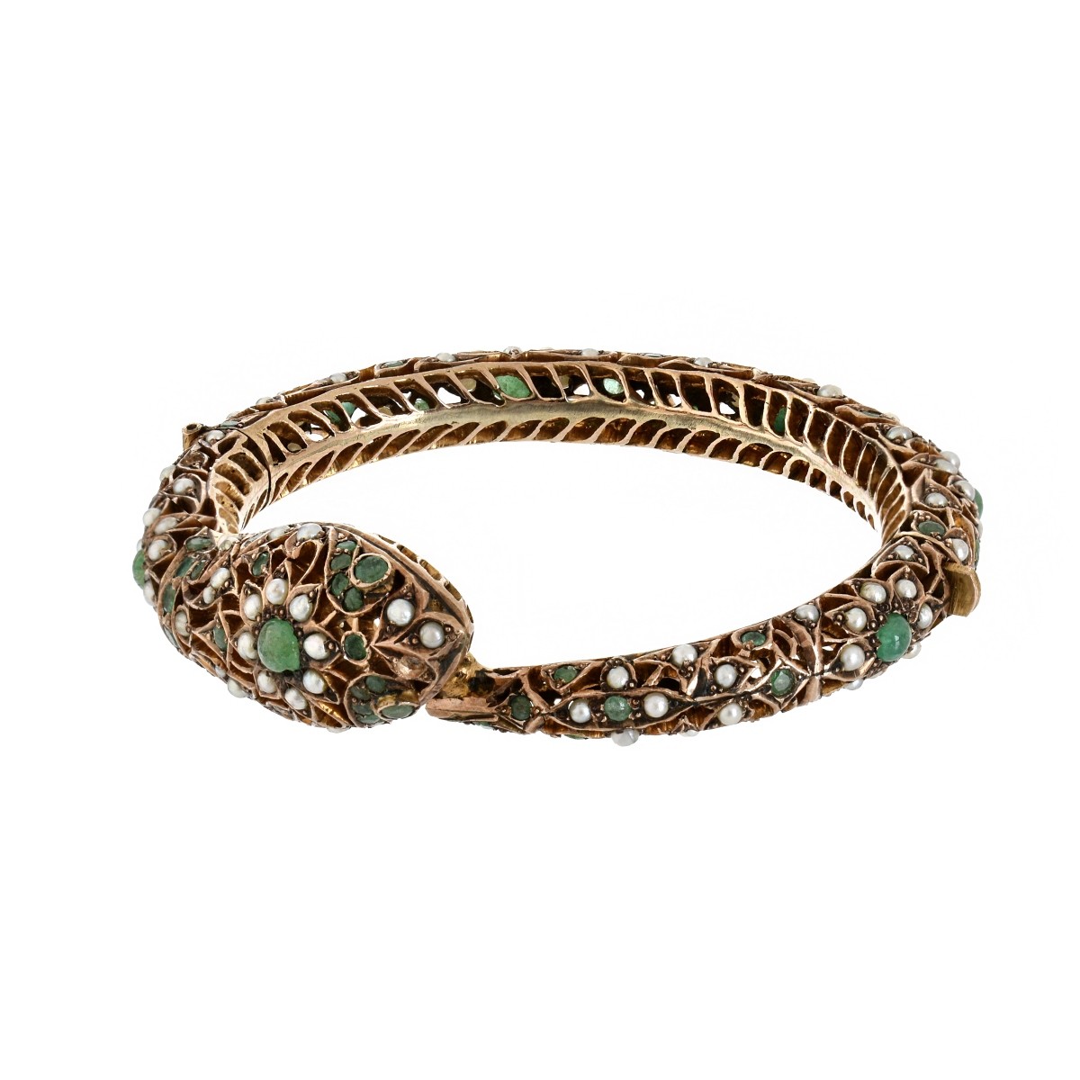 Emerald, Pearl and 14K Snake Bangle