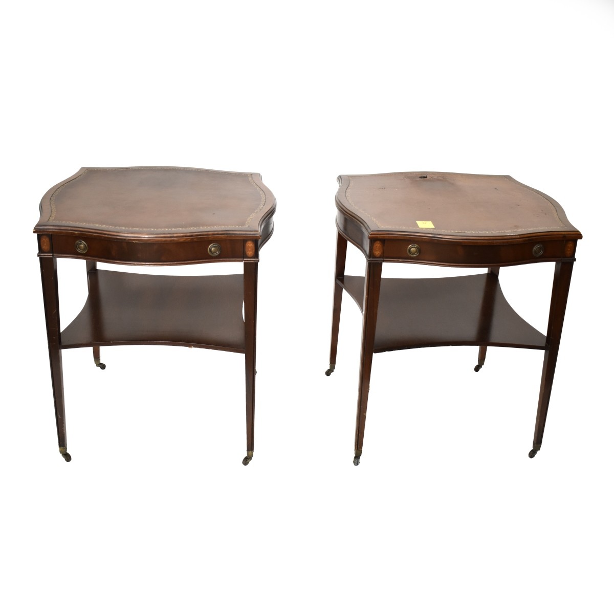 Pair Leather Top Mahogany End Tables