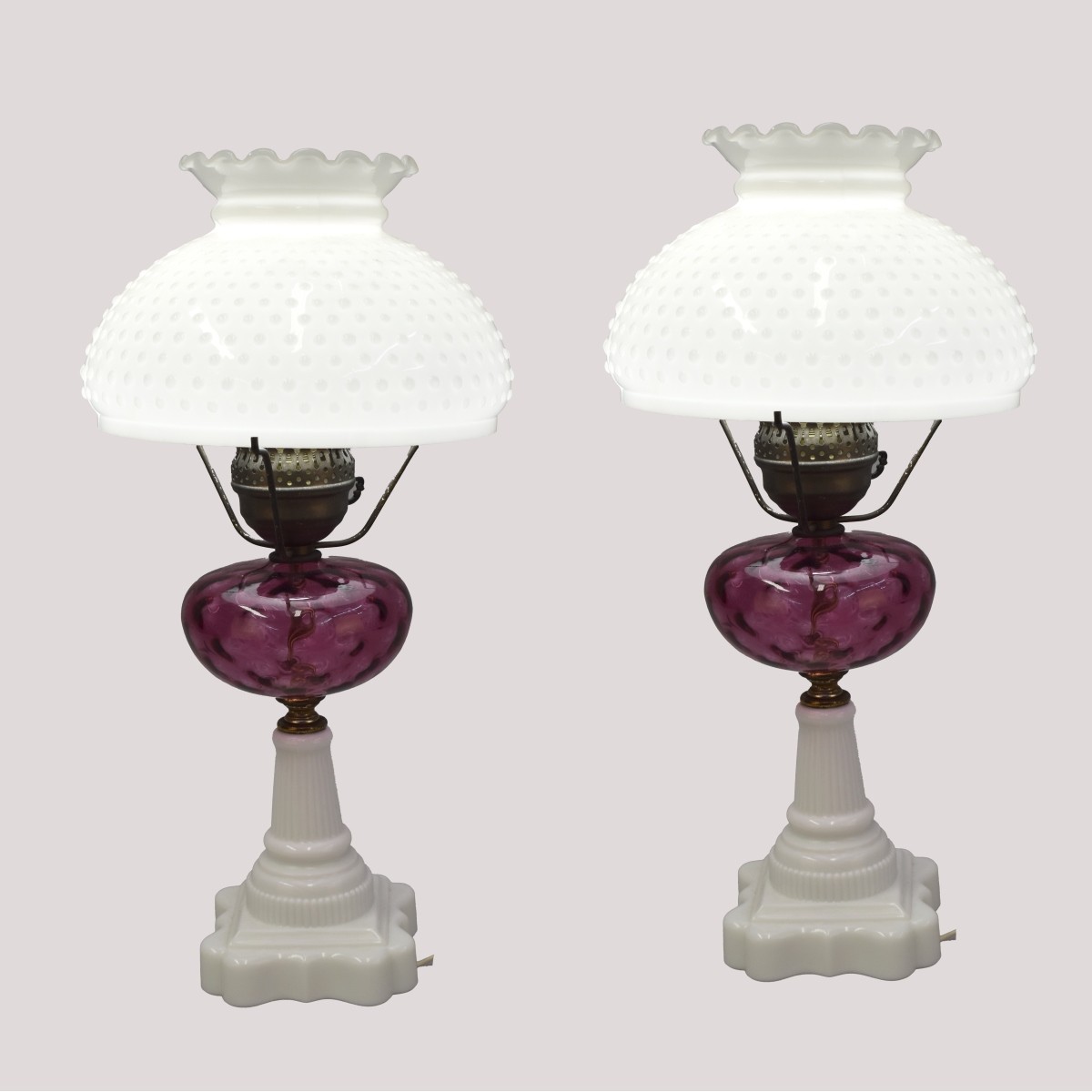 Pr Cranberry and White Hobnail Milk Glass Lamp