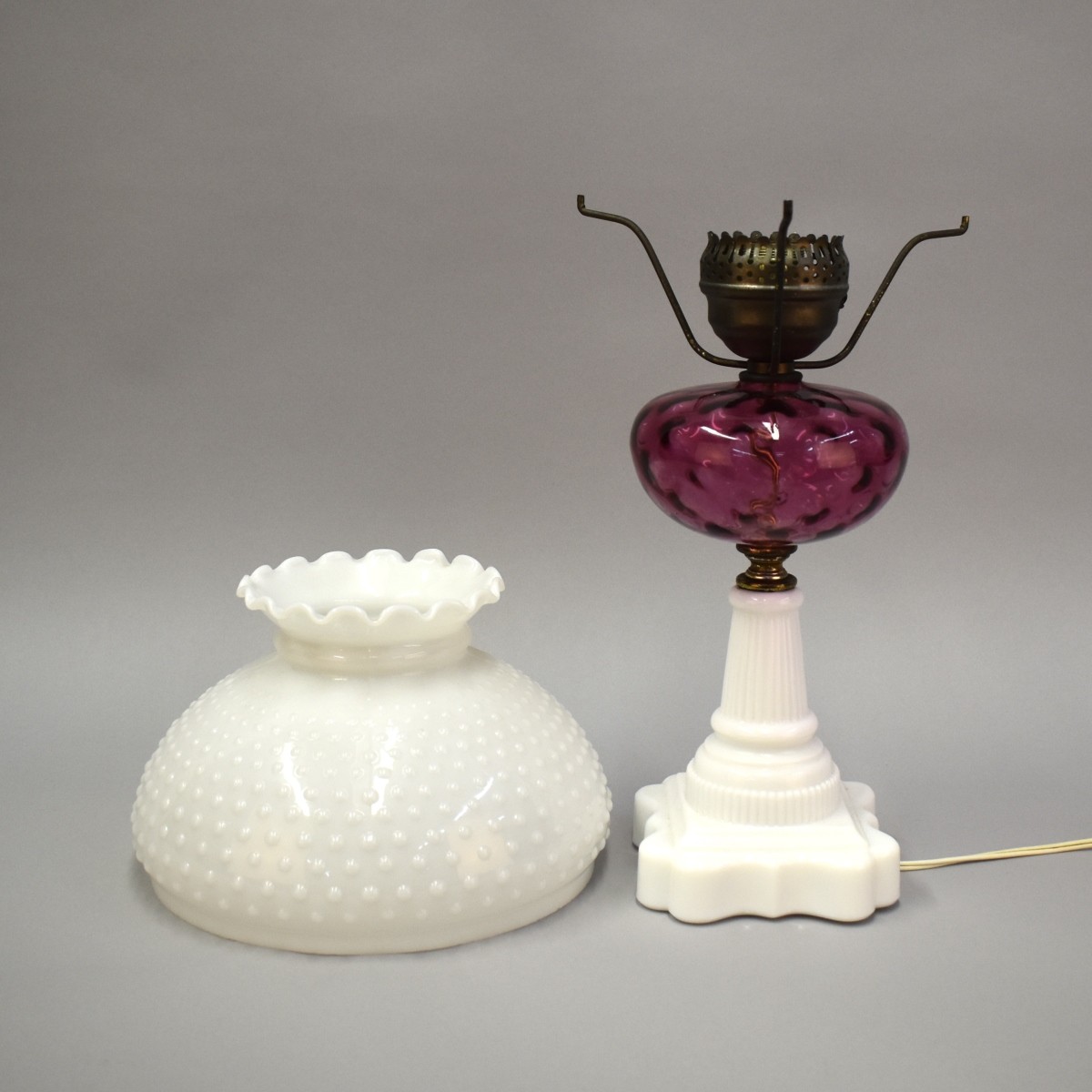 Pr Cranberry and White Hobnail Milk Glass Lamp