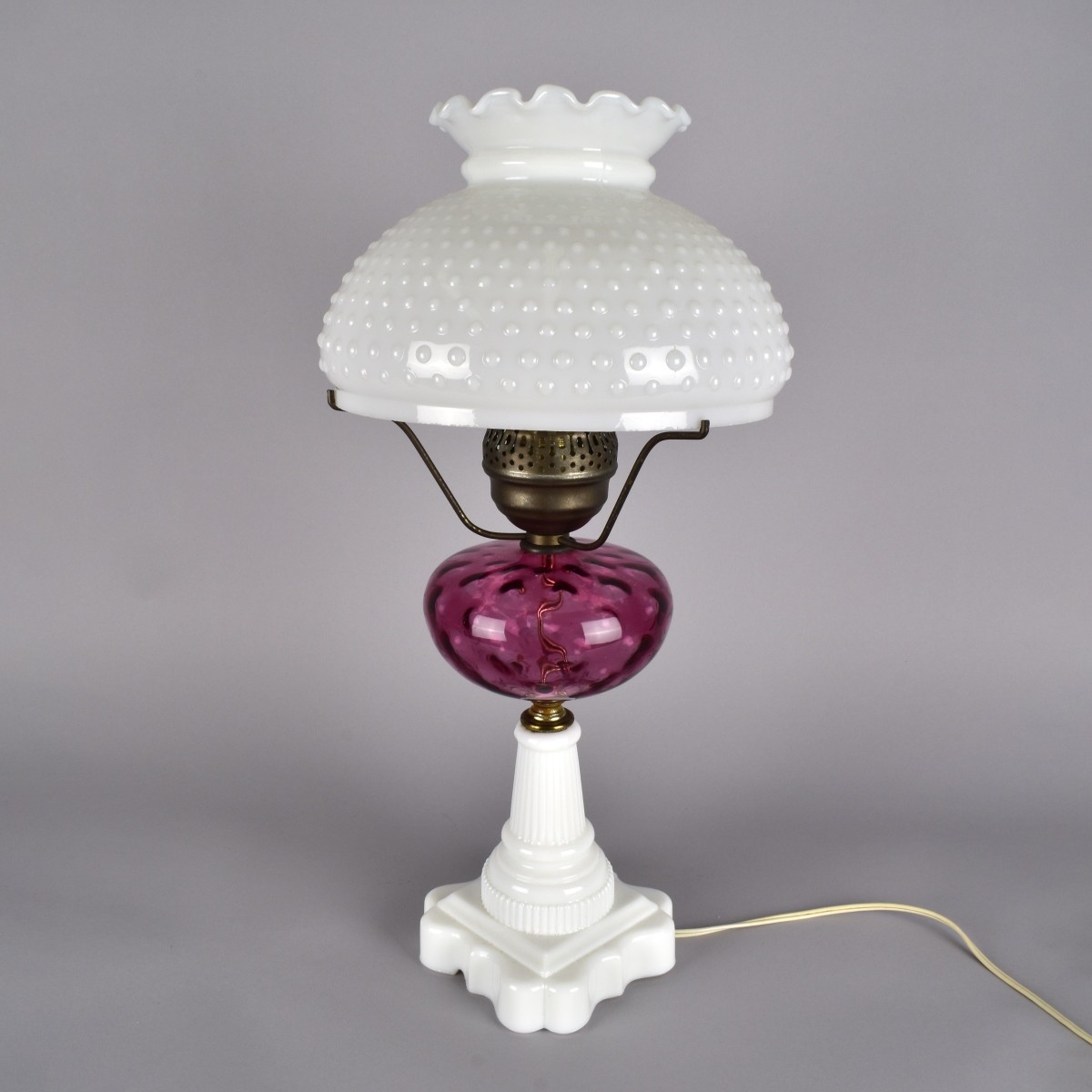 Pr Cranberry and White Hobnail Milk Glass Lamp