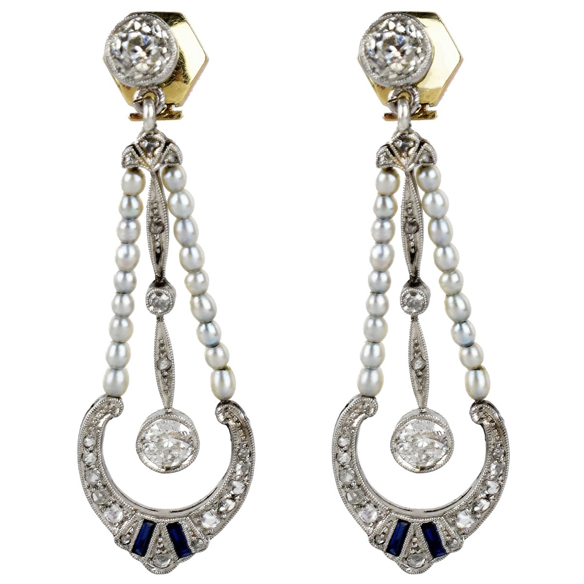 Deco Diamond, Pearl and Platinum Earrings