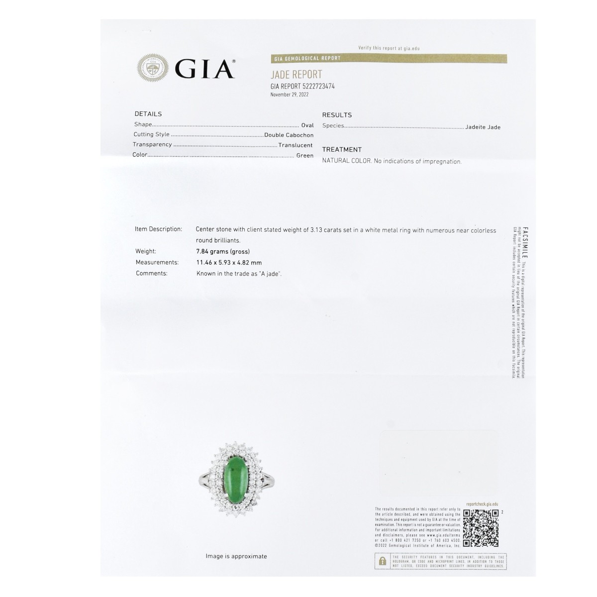 GIA Jade, Diamond and Platinum Ring