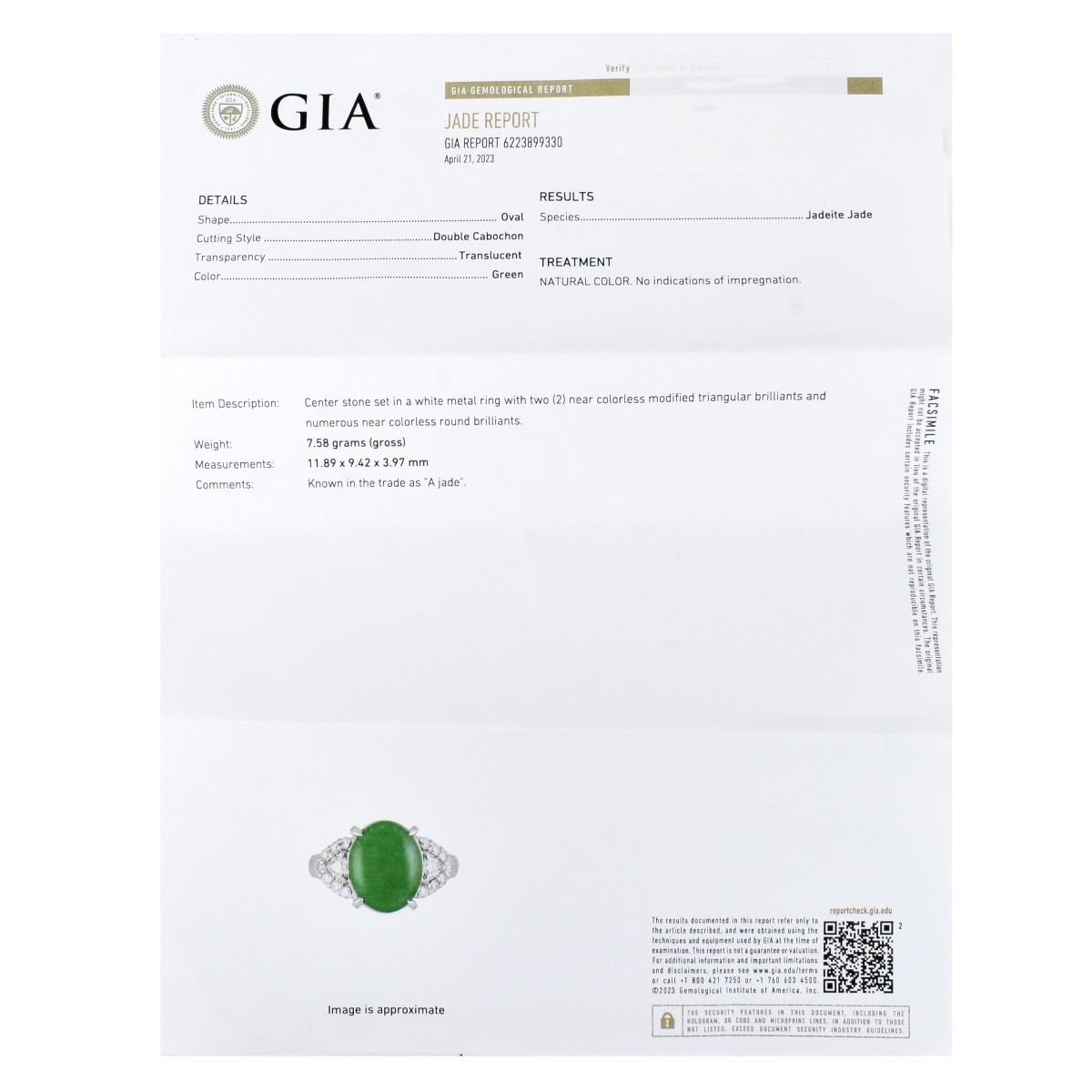 GIA Jade, Diamond and Platinum Ring