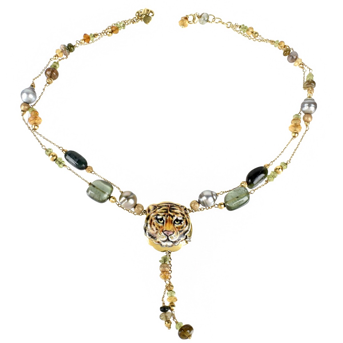 Tourmaline, Pearl, Enamel and 18K Necklace