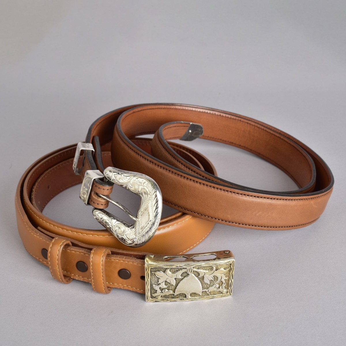 Two Leather Belts with Sterling Buckles