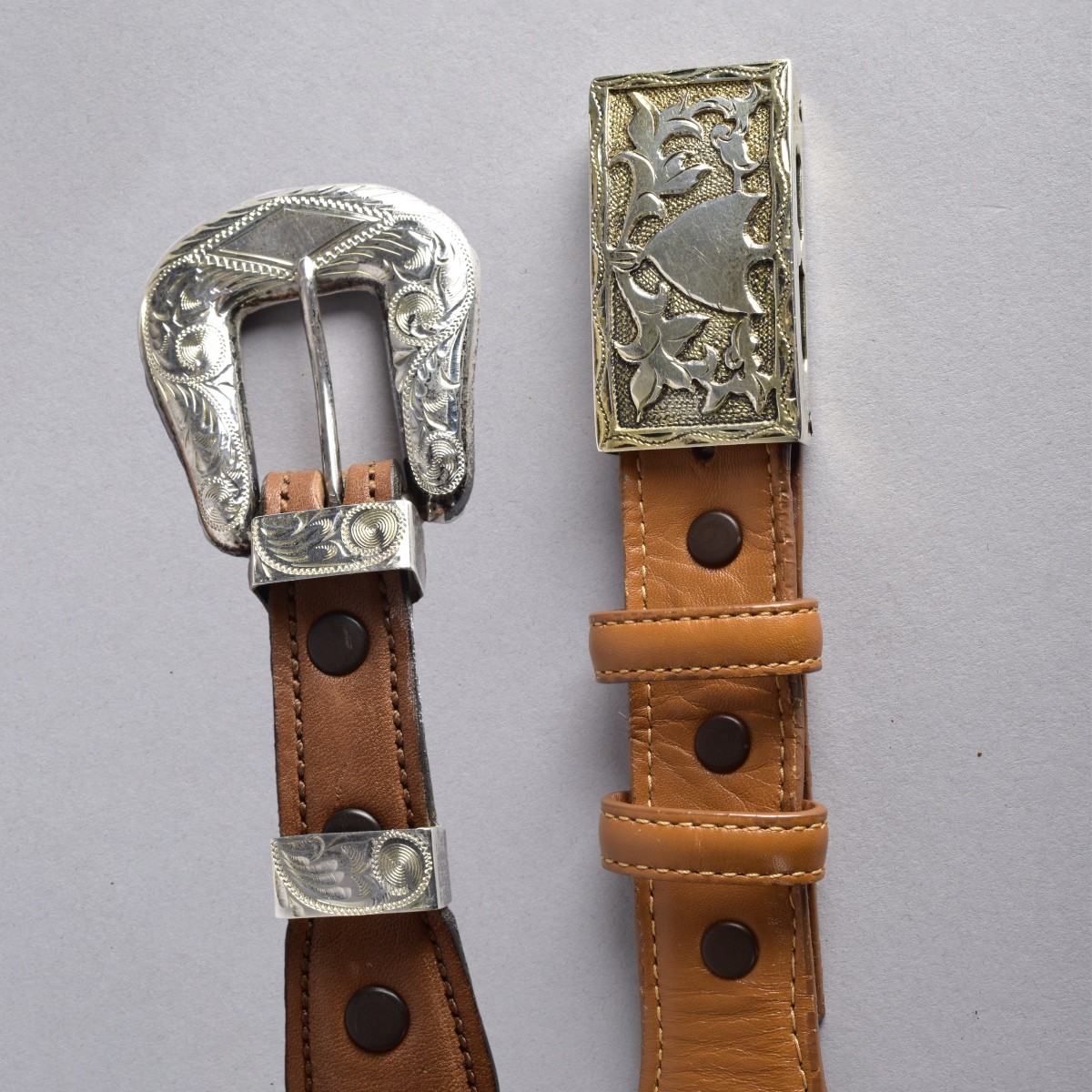 Two Leather Belts with Sterling Buckles