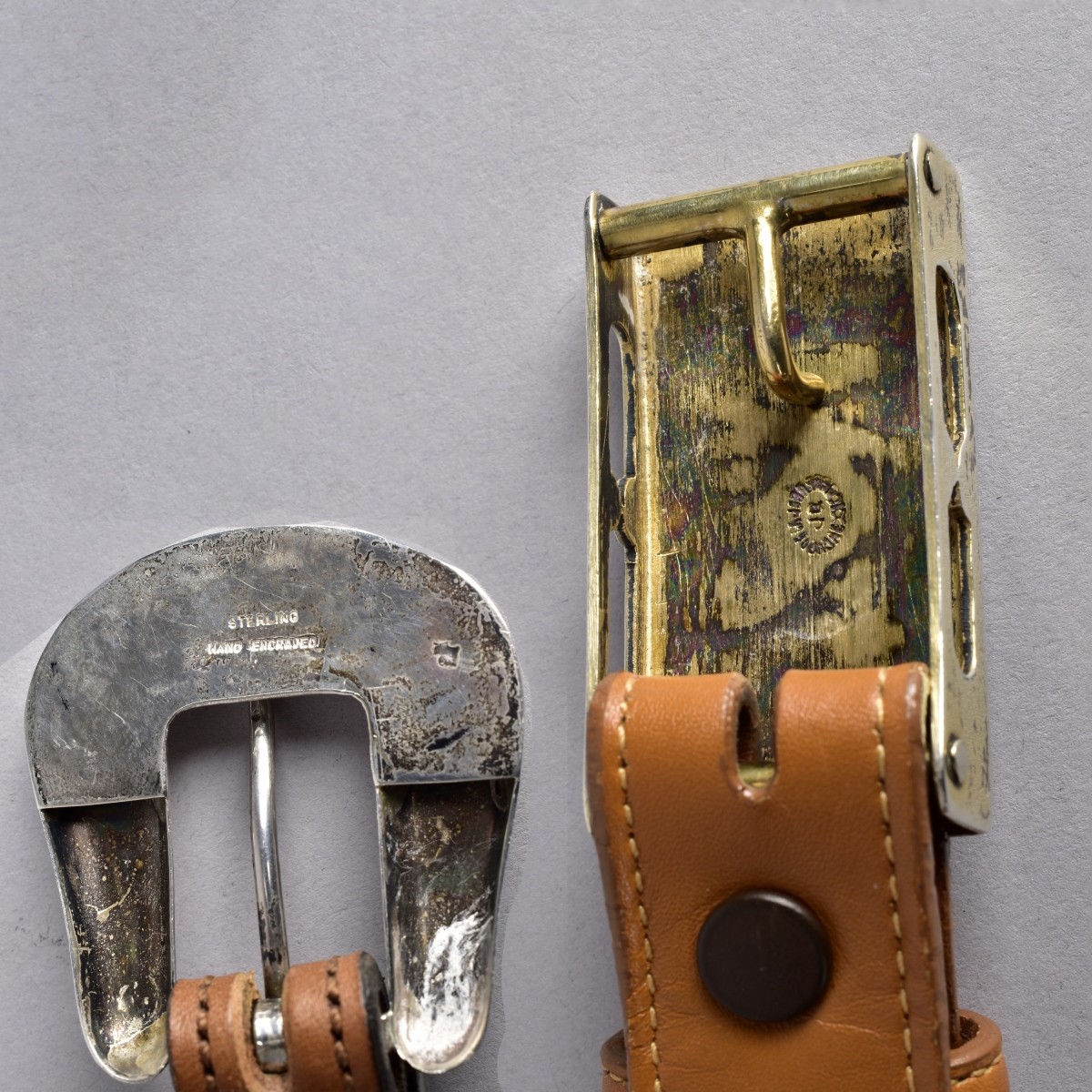 Two Leather Belts with Sterling Buckles