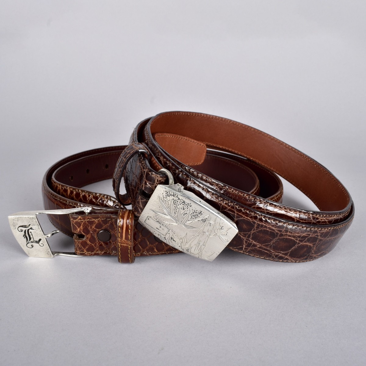 Two Reptile & Leather Belts with Sterling Buckles