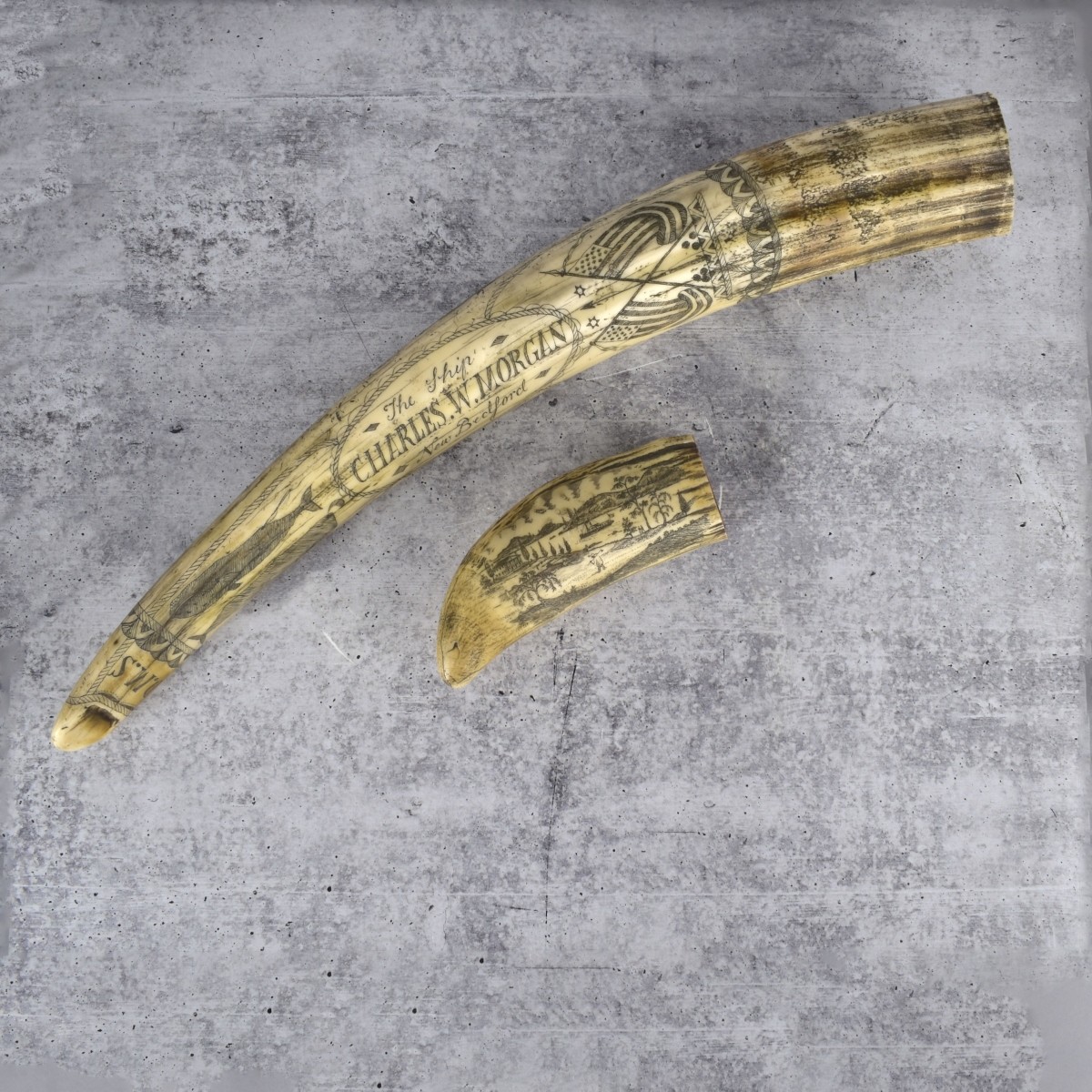 Two 20C Reproductions of Scrimshaw Tusks