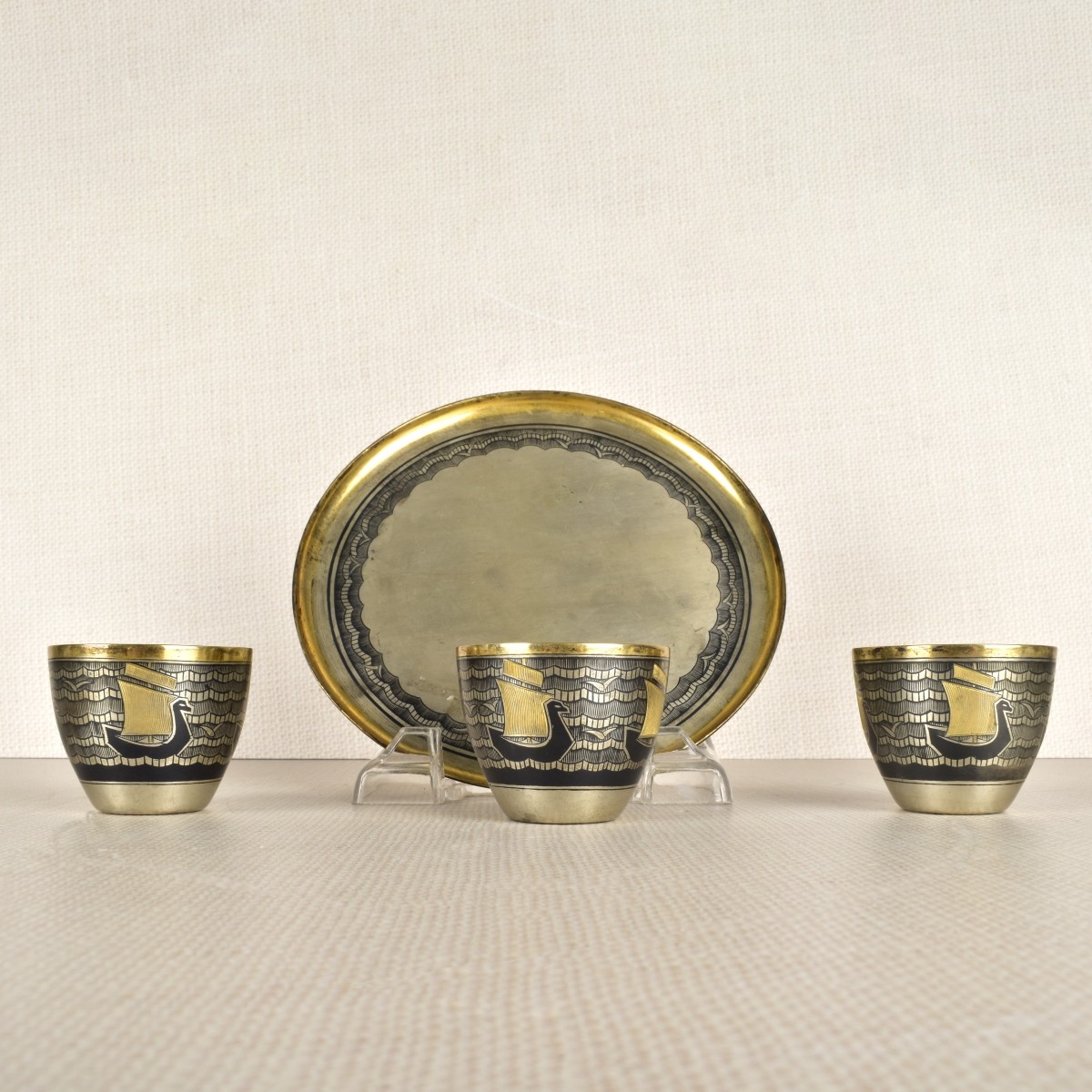 Three (3) Antique Russian Niello Cups and Tray