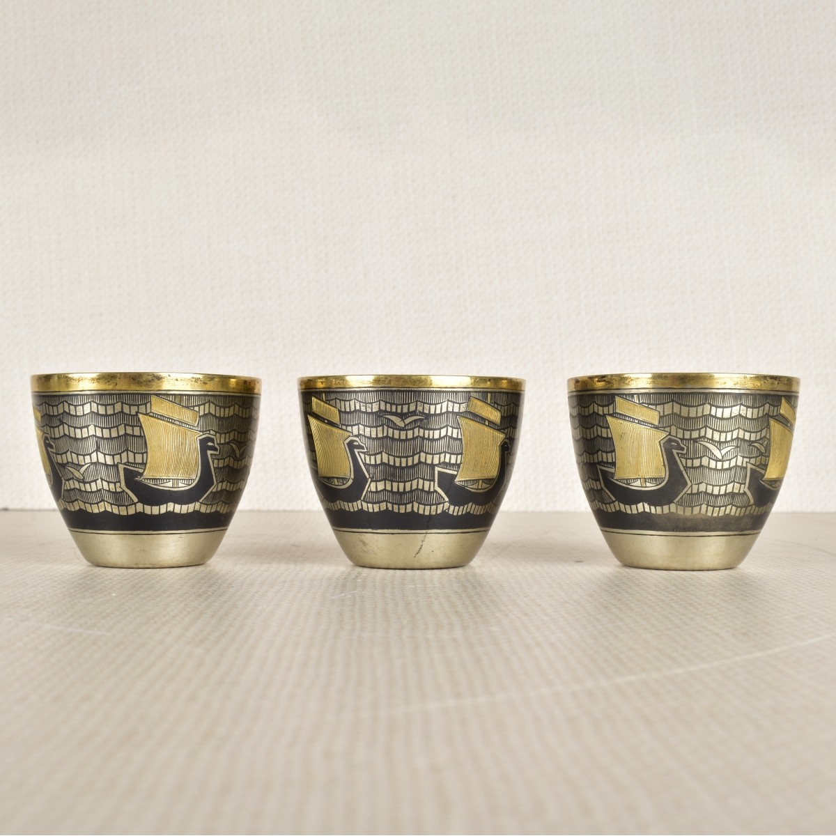 Three (3) Antique Russian Niello Cups and Tray