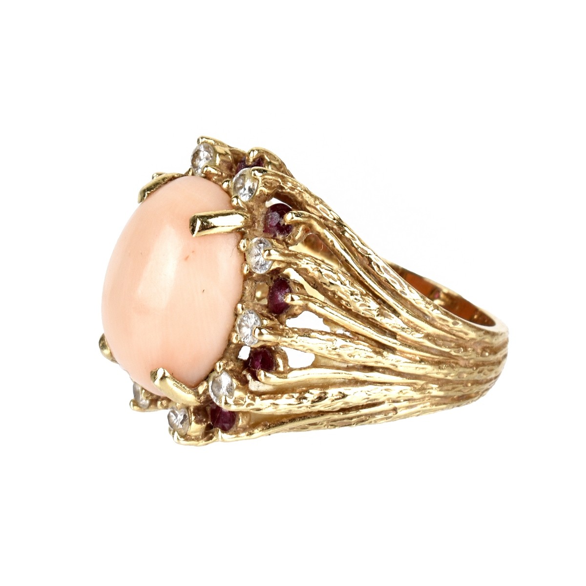 Coral, Diamond, Ruby and 14K Ring