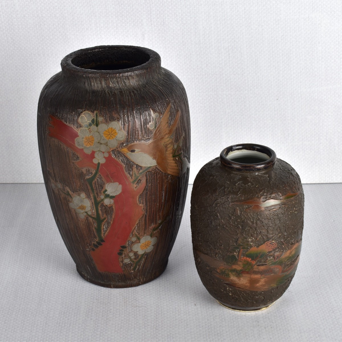 Two (2) Japanese Totai "Tree Bark" Vases