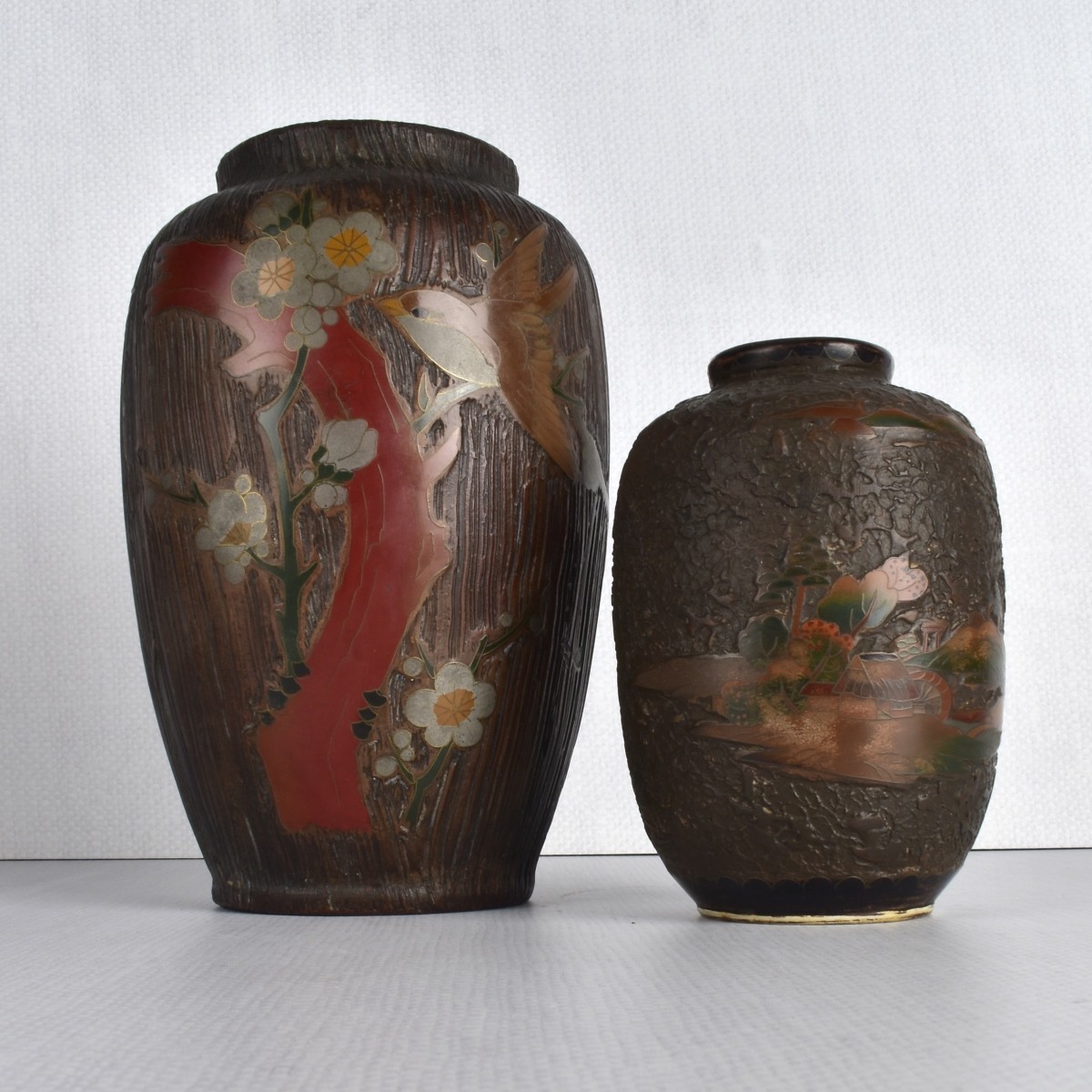 Two (2) Japanese Totai "Tree Bark" Vases