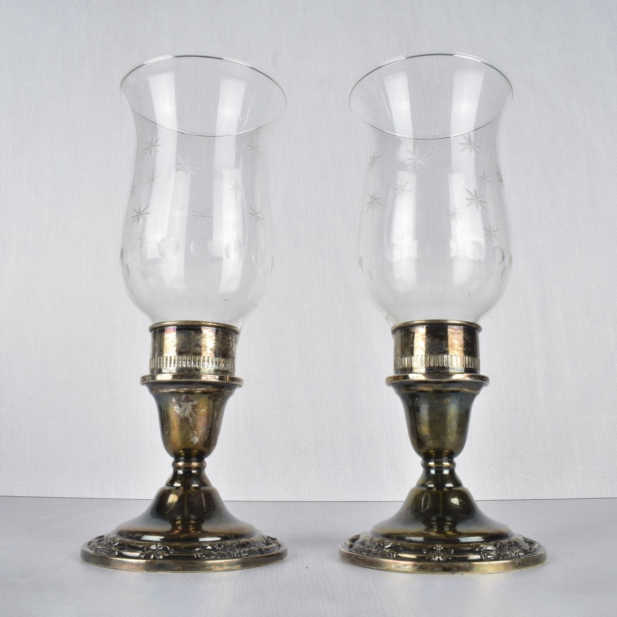 Pair Sterling & Etched Glass Candlesticks